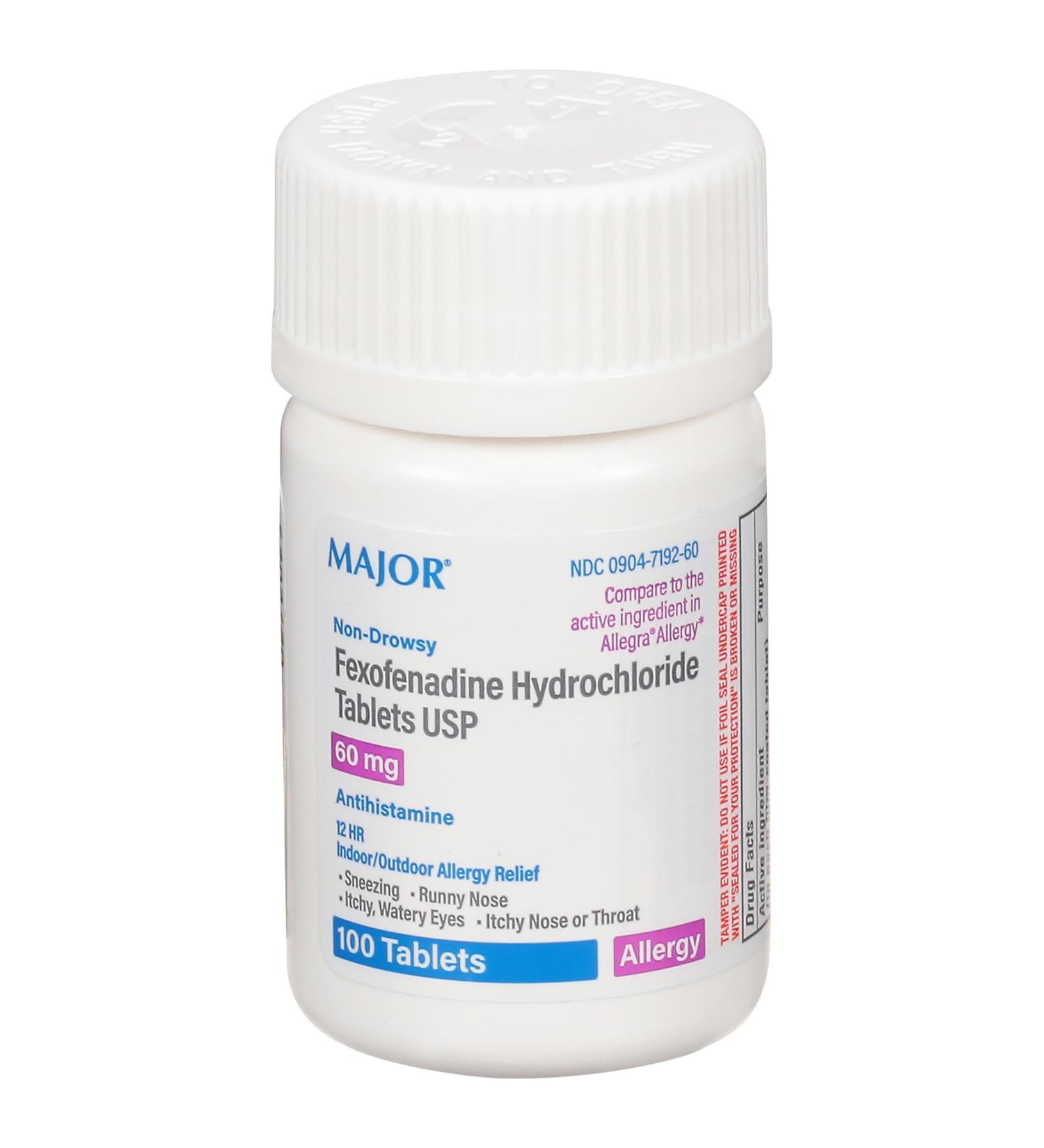 MAJOR Fexofenadine Hydrochloride Tablets USP 60 mg - Non-Drowsy Allergy Medicine - Antihistamine - 12 Hour Indoor/Outdoor Allergy Relief - 100 Tablets - Buy Online on GoSupps.com