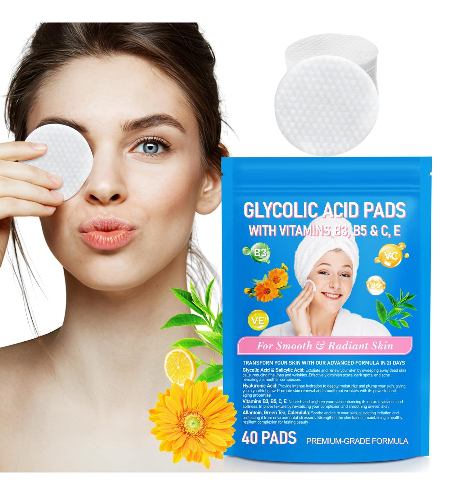 Glycolic Acid Pads for Face & Body - Exfoliating Peel with Vitamins B C & E | Reduces Fine Lines & Wrinkles - 40 Count - Buy Online on GoSupps.com