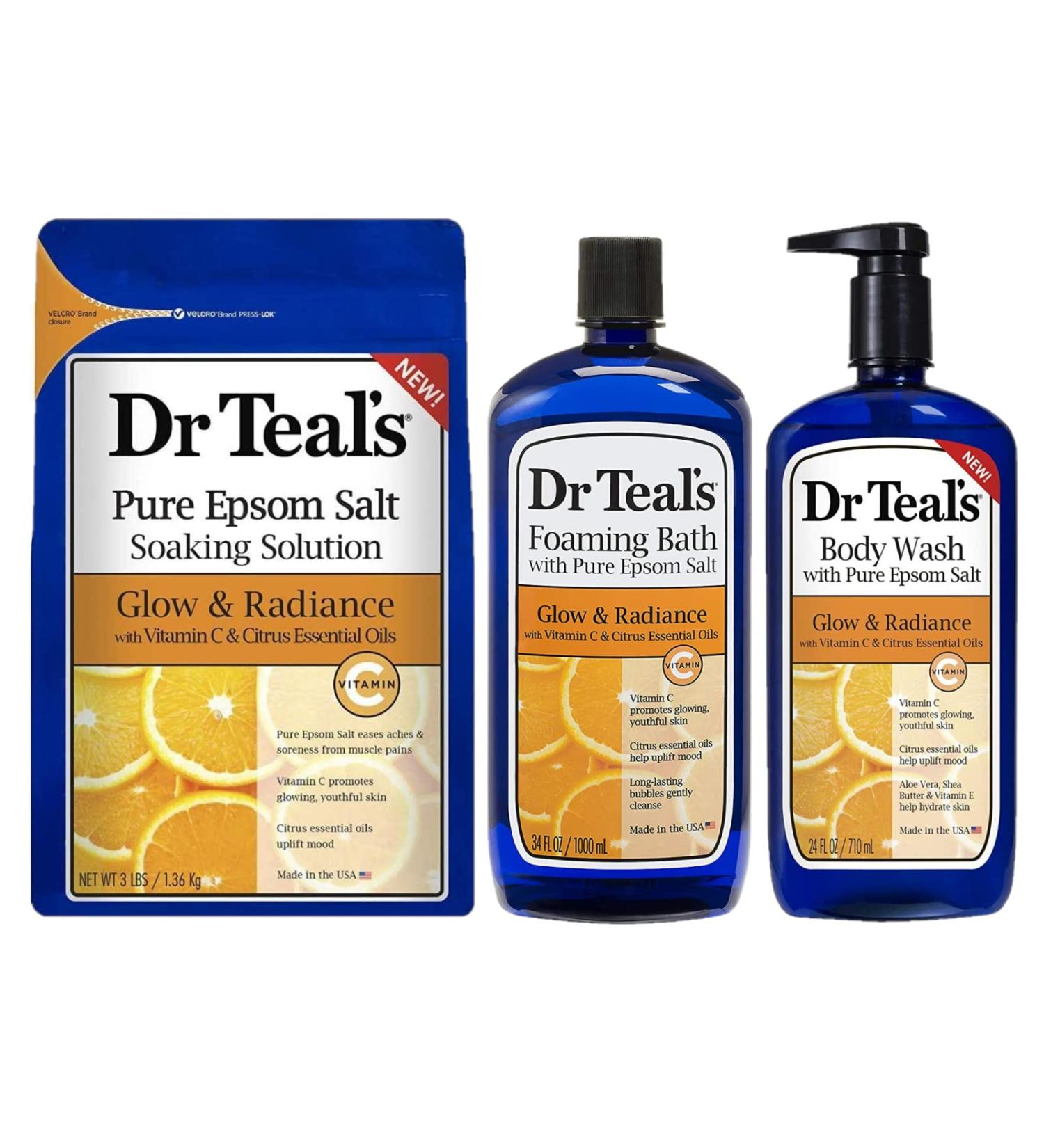 Dr. Teal's Vitamin C & Citrus Bath Gift Set - Body Wash, Epsom Salt Soak, Foaming Bath - 106oz - Replenish Skin & Muscles - Buy Online on GoSupps.com