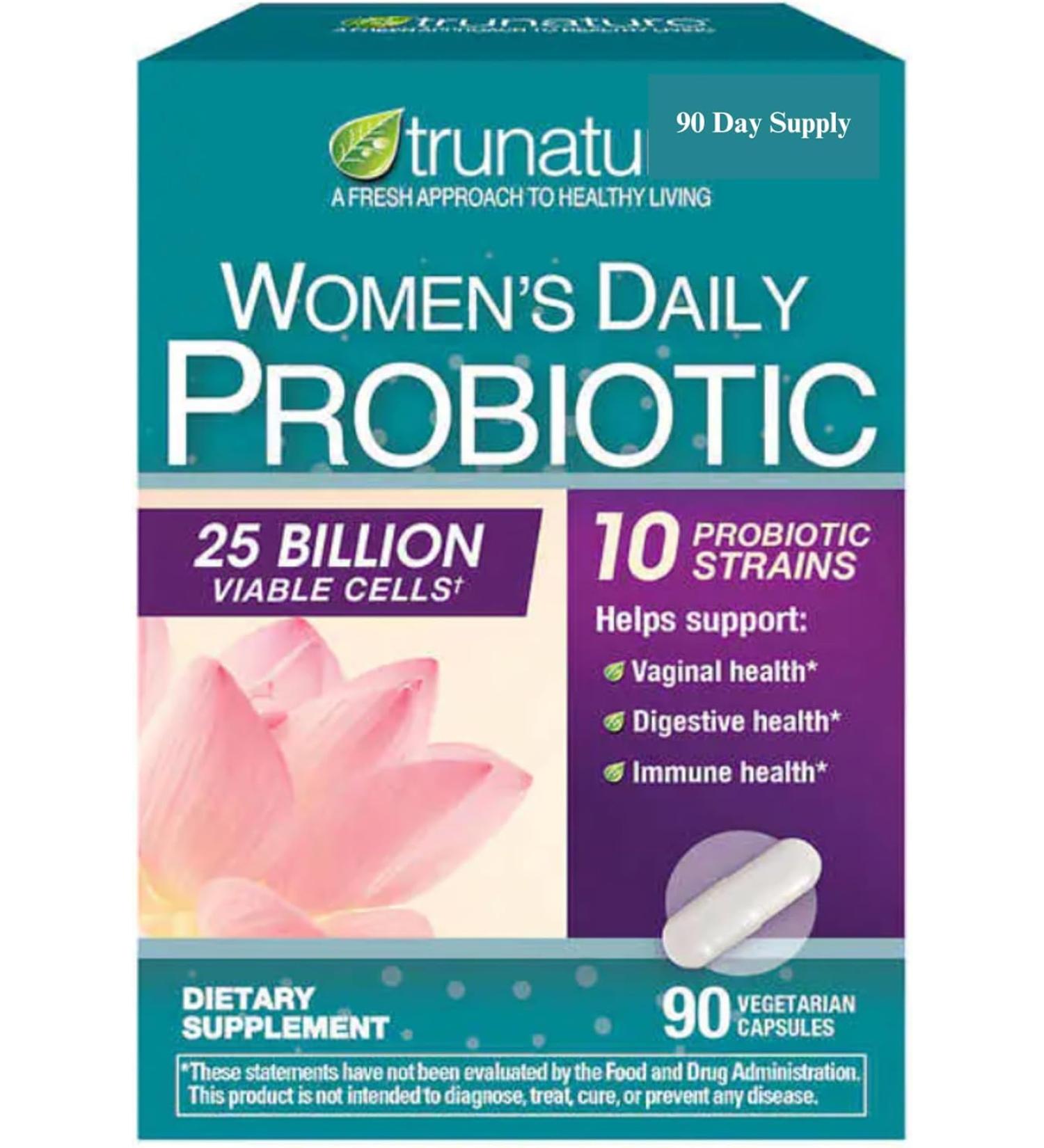 Tru Nature Women's Daily PROBIOTIC 90 Capsules 25 Billion Cells Vegetarian Probiotics for Digestive Health 90 Count 90 Day Supply +Better Guide Vitamins