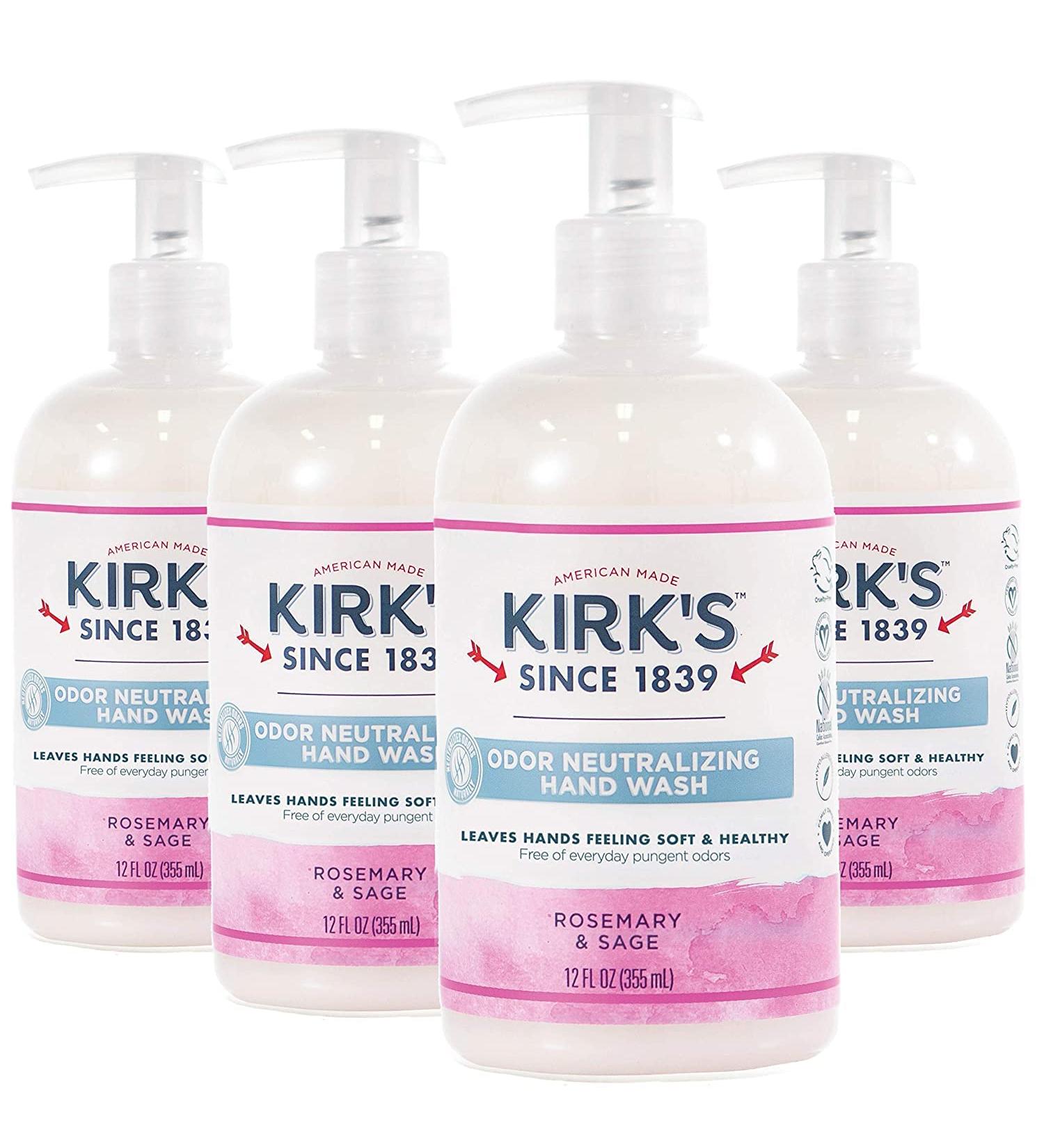 Kirk's Odor-Neutralizing Castile Liquid Hand Soap 4-Pack - Rosemary & Sage Scent | 12 Fl Oz Pump Bottle | Moisturizing Kitchen Hand Wash - Buy Online on GoSupps.com