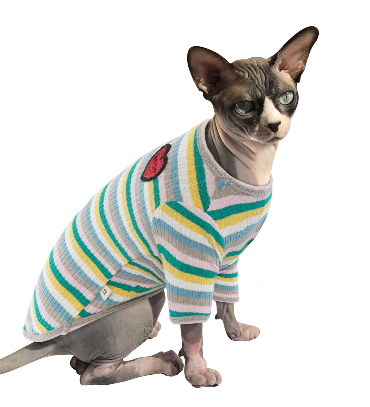 Pumyporeity XXL Green Stripes T-Shirt for Sphynx Cats | Soft Breathable Pajama Tank Top for Hairless Cats | Comfortable & Stretchy Cat Vest - Buy Online on GoSupps.com