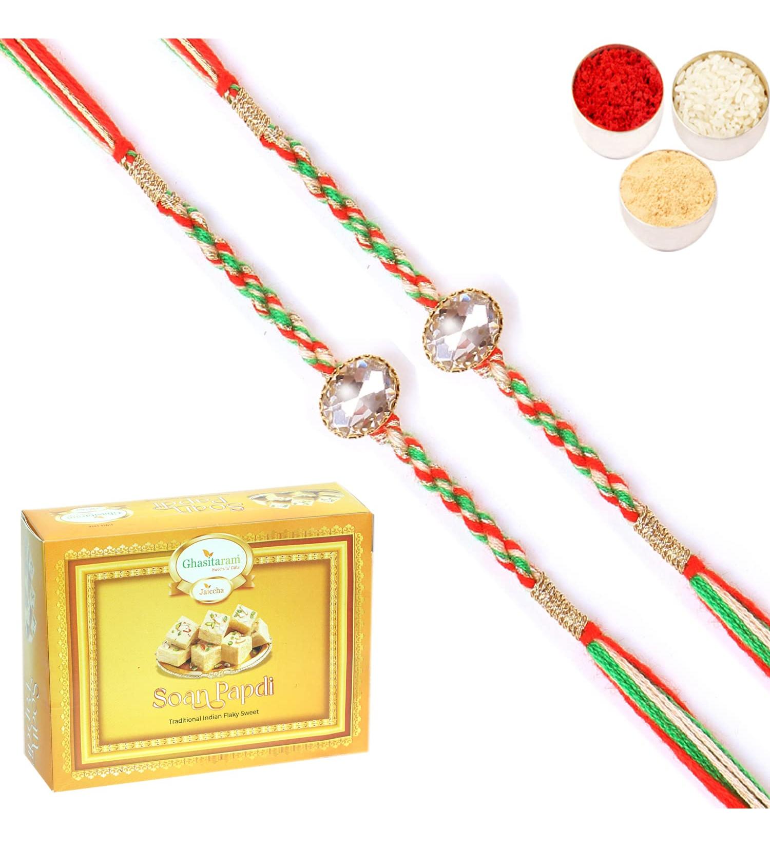 Ghasitaram Gifts Rakhi for Brother Rakhis Online - Set of 2-6377 Fancy Thread Rakhiwith 200 GMS of Soan Papdi - Buy Online on GoSupps.com