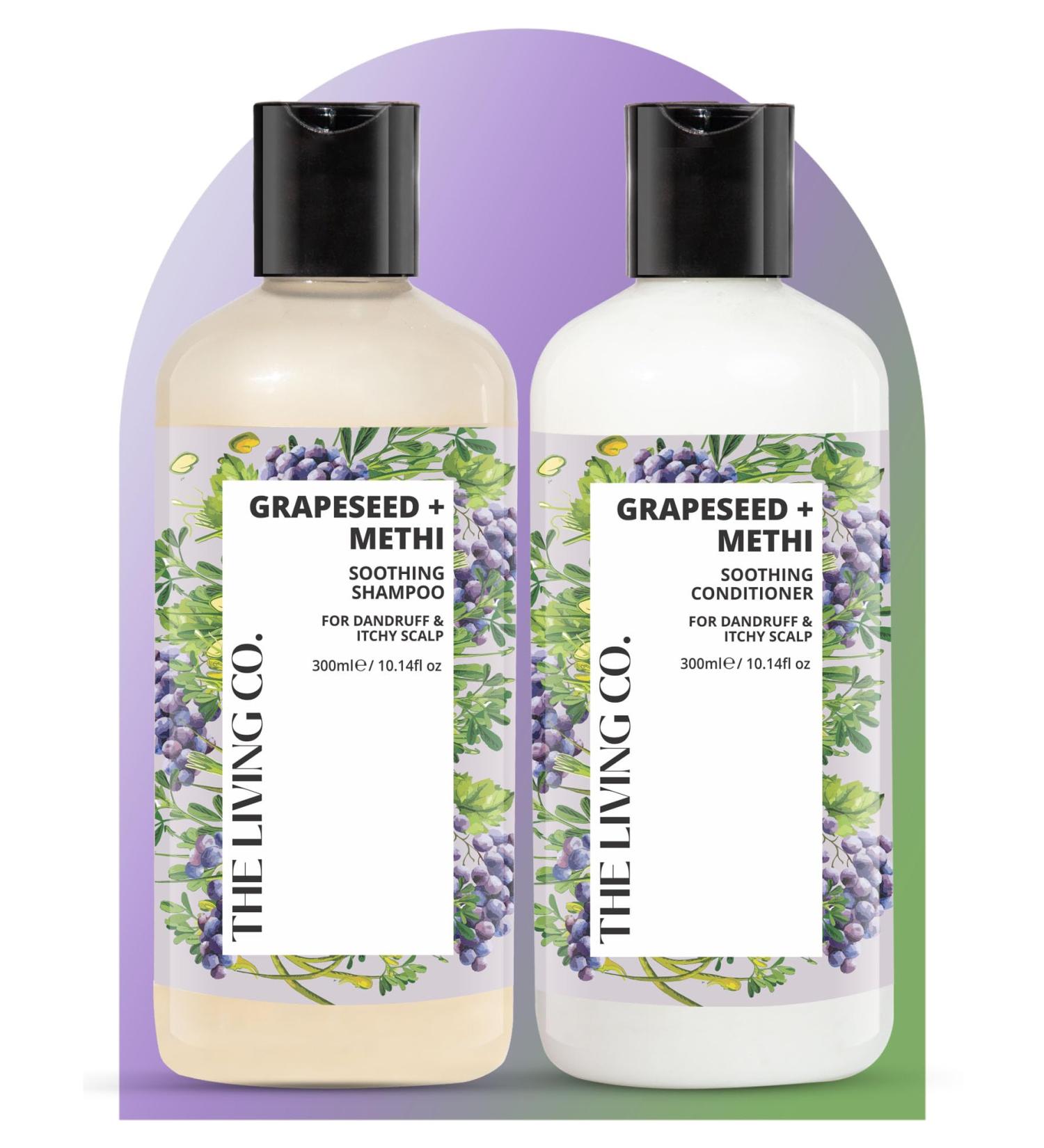 Shop THE LIVING CO Soothing Shampoo & Conditioner Combo - Grapeseed & Methi for Dandruff Relief | 600ml International Shipping Available - Buy Online on GoSupps.com