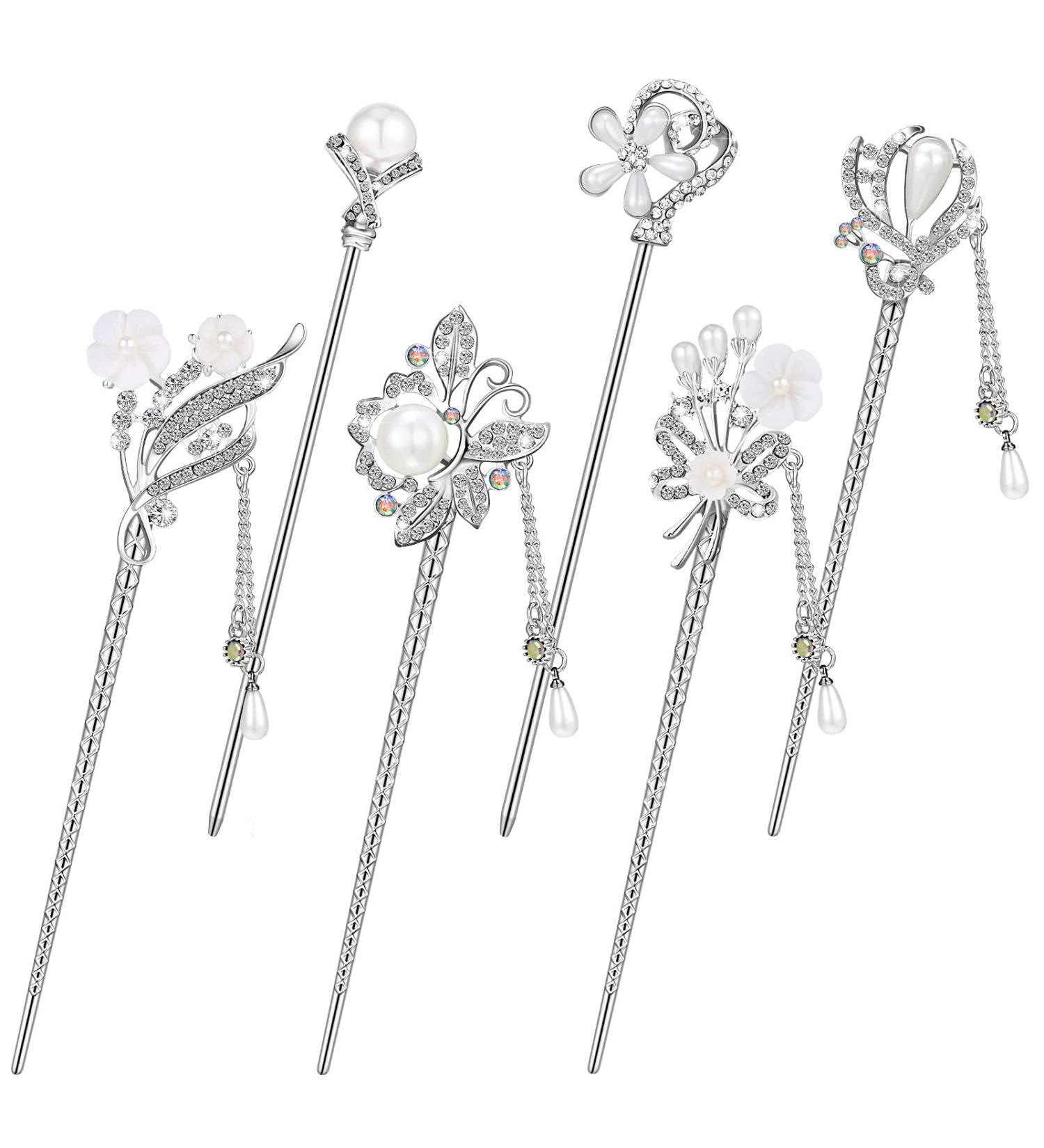 Vintage Rhinestone Pearl Flower Hair Stick Set - 6 Pieces | Chinese Hair Chopsticks with Tassel | Chignon Pin for Women | Hair Accessories for Girls (Chic Style) - Buy Online on GoSupps.com