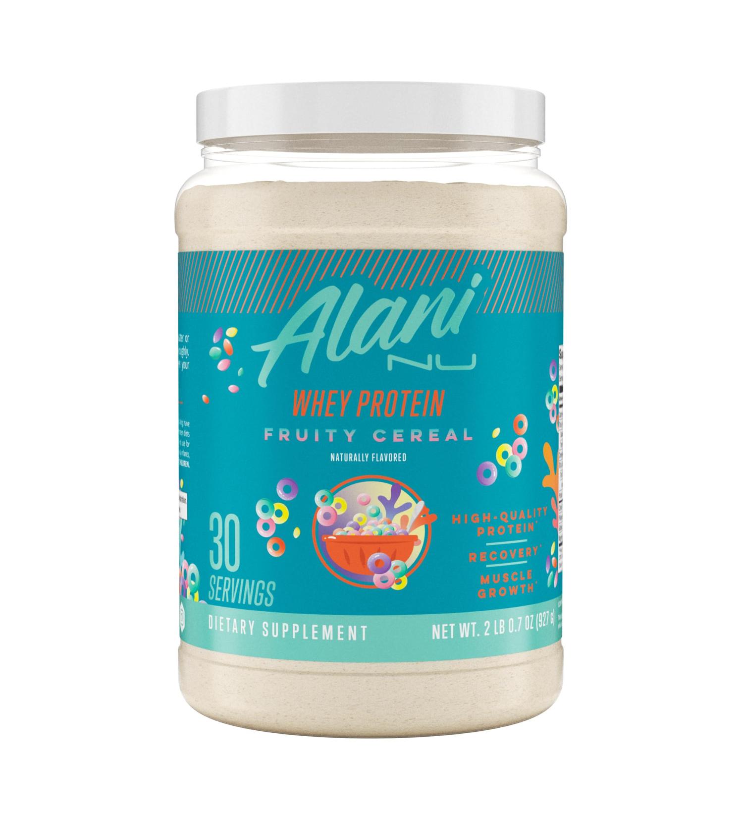 Alani Nu Whey Protein Powder Fruity Cereal | 23g Protein with Low Sugar & Digestive Enzymes | Meal Replacement Powder | Low Fat Low Carb Whey Isolate Protein Blend | 30 Servings - Buy Online on GoSupps.com