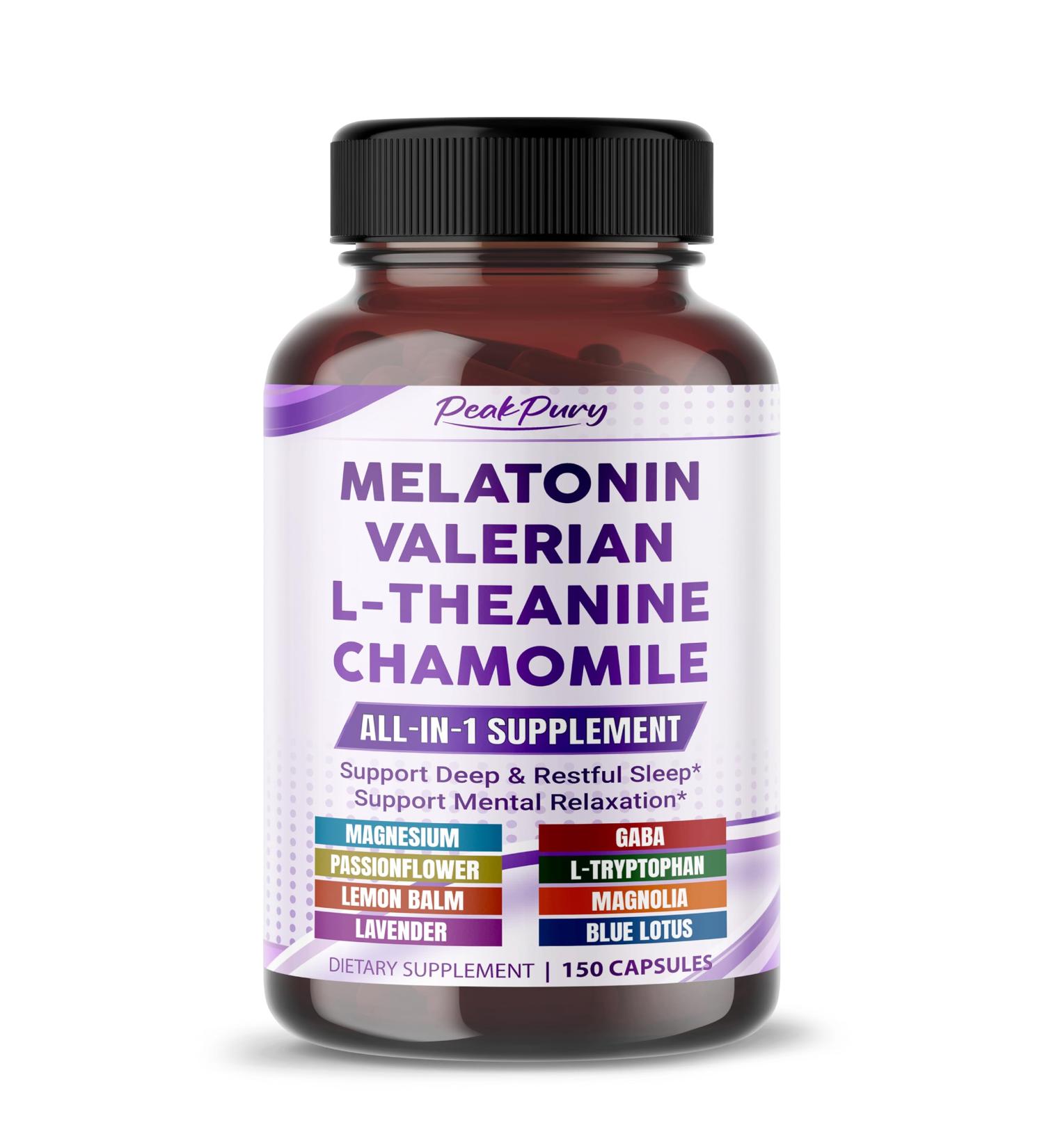 All-in-1 Melatonin Valerian L-Theanine & Chamomile Supplement Supports Restful Sleep & Mental Relaxation 150 Capsules 150 count (pack of 1)