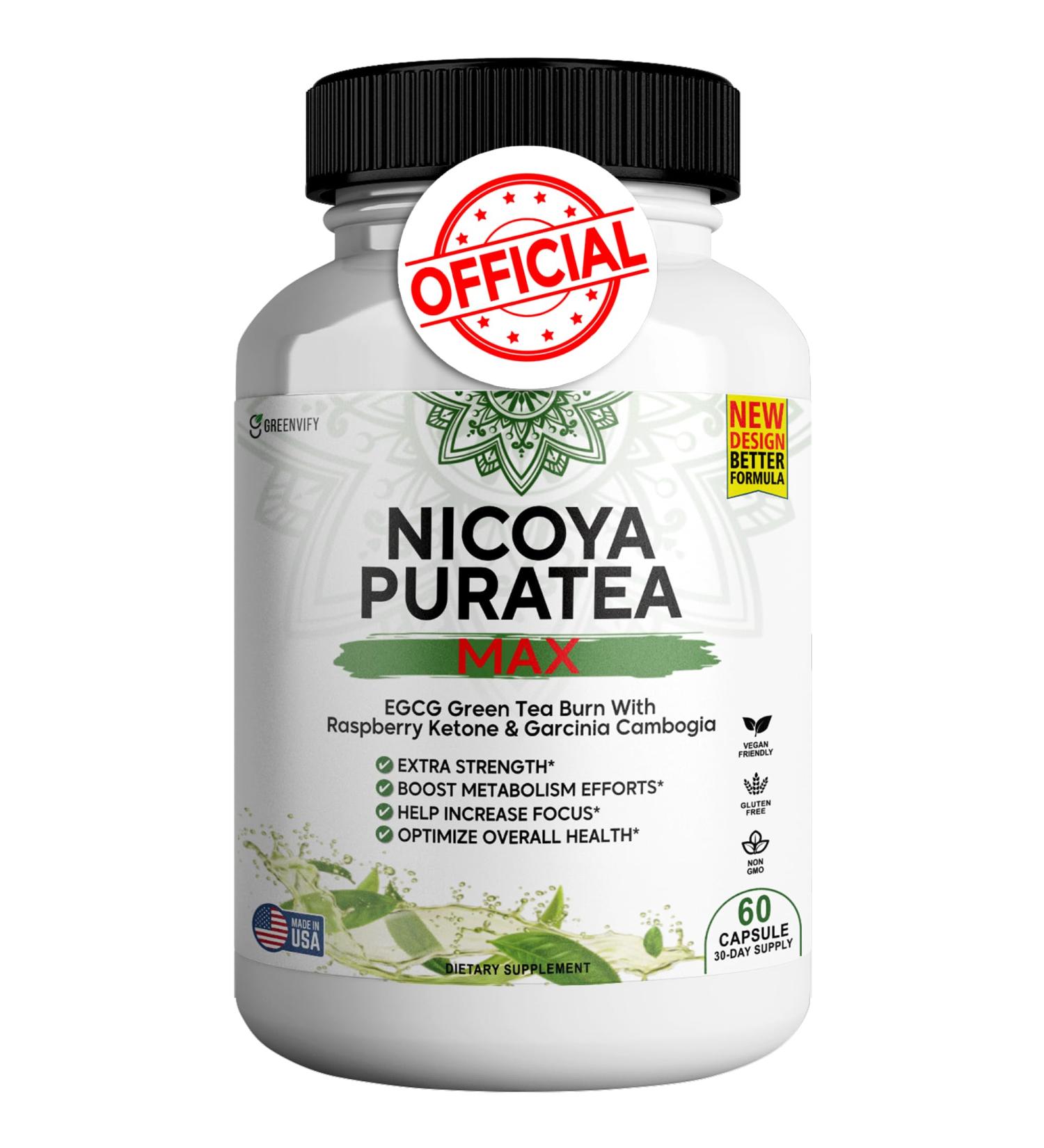 GREENVIFY Nicoya PuraTea Max Green Tea Extract & Green Coffee Bean for Metabolism Support Natural Energy Boost Antioxidant-Rich Supplement 60 Capsules - Buy Online on GoSupps.com