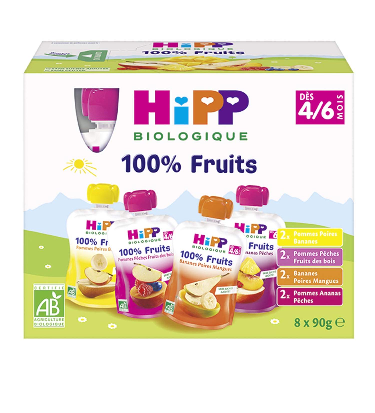 Hipp Biologique 100% Fruits Multipack 4 Vari t s d s 4/6 mois - 8 Gourdes de 90 g