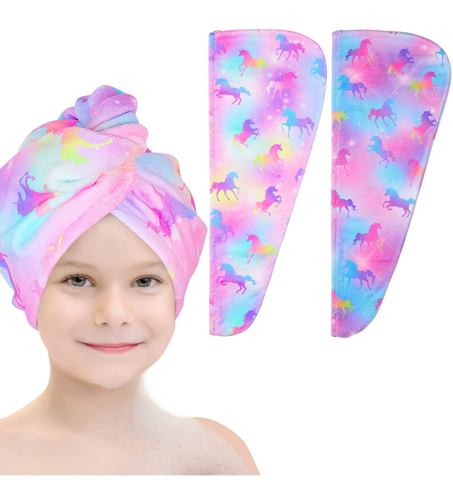 Basumee Kids Microfiber Hair Towel Wrap 2 Pack - Rapid Drying Hair Towel Turbans for Girls - Unicorn Colorful Design - Buy Online on GoSupps.com