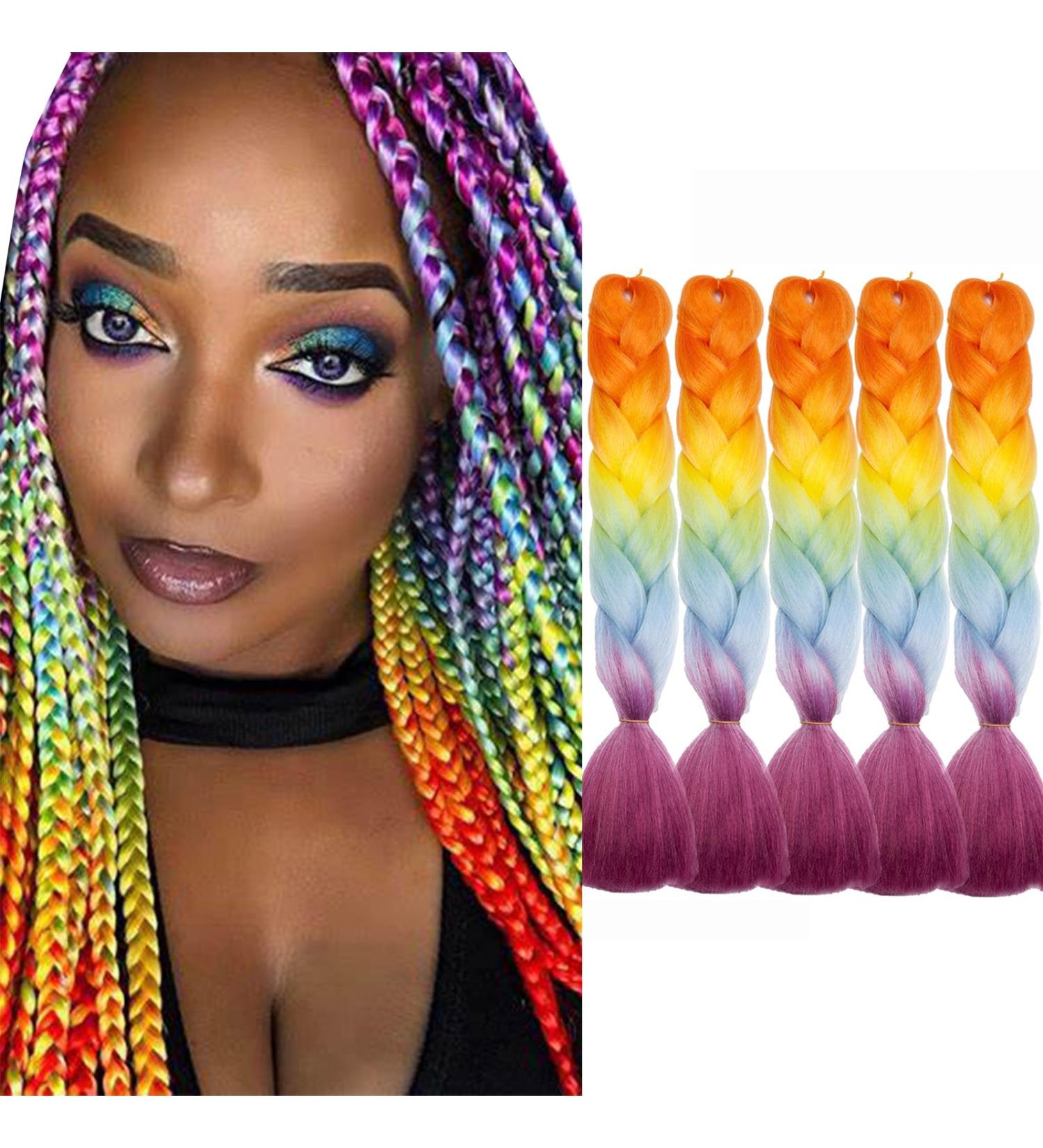 Tess Braids Extensions - Jumbo Kanekalon 60 cm Ombre Hair Braids (5 Pack) - Blue Orange Red - Perfect for Box Braids & Hair Extensions - Buy Online on GoSupps.com