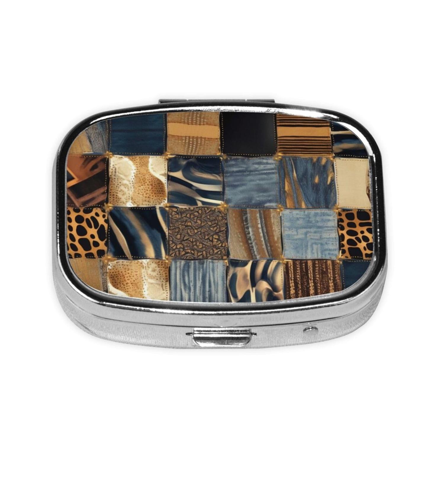 Denim Patchwork Printed Square Pill Box - Portable Travel Medicine Organizer - Buy Online on GoSupps.com