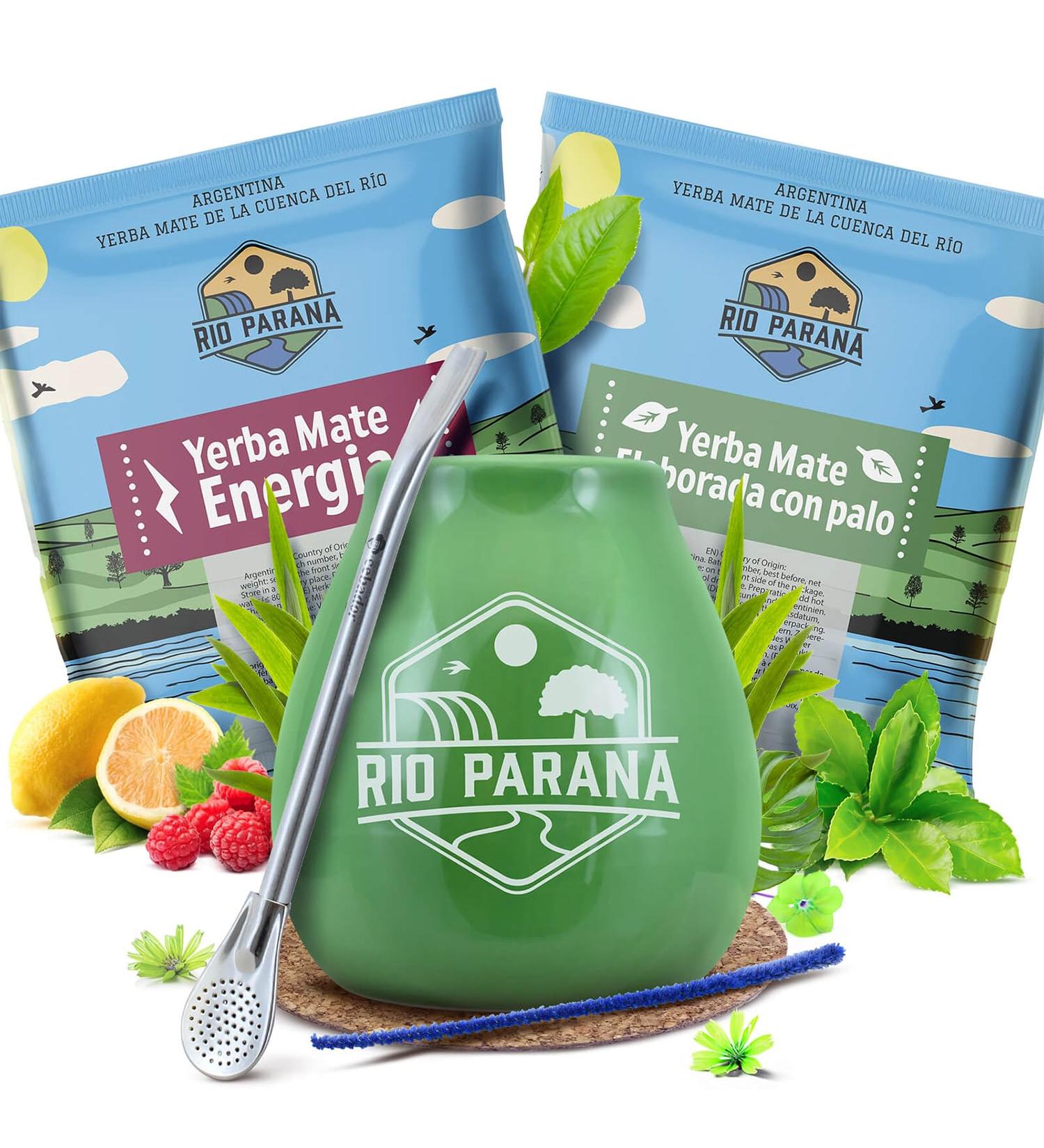 S rie d'accessoires de yerba mat avec chantillons | Rio Parana Energia et Elaborada con Palo | Calebasse bombilla et accessoires | Yerba mat original | Caf ine naturelle | 2x50g