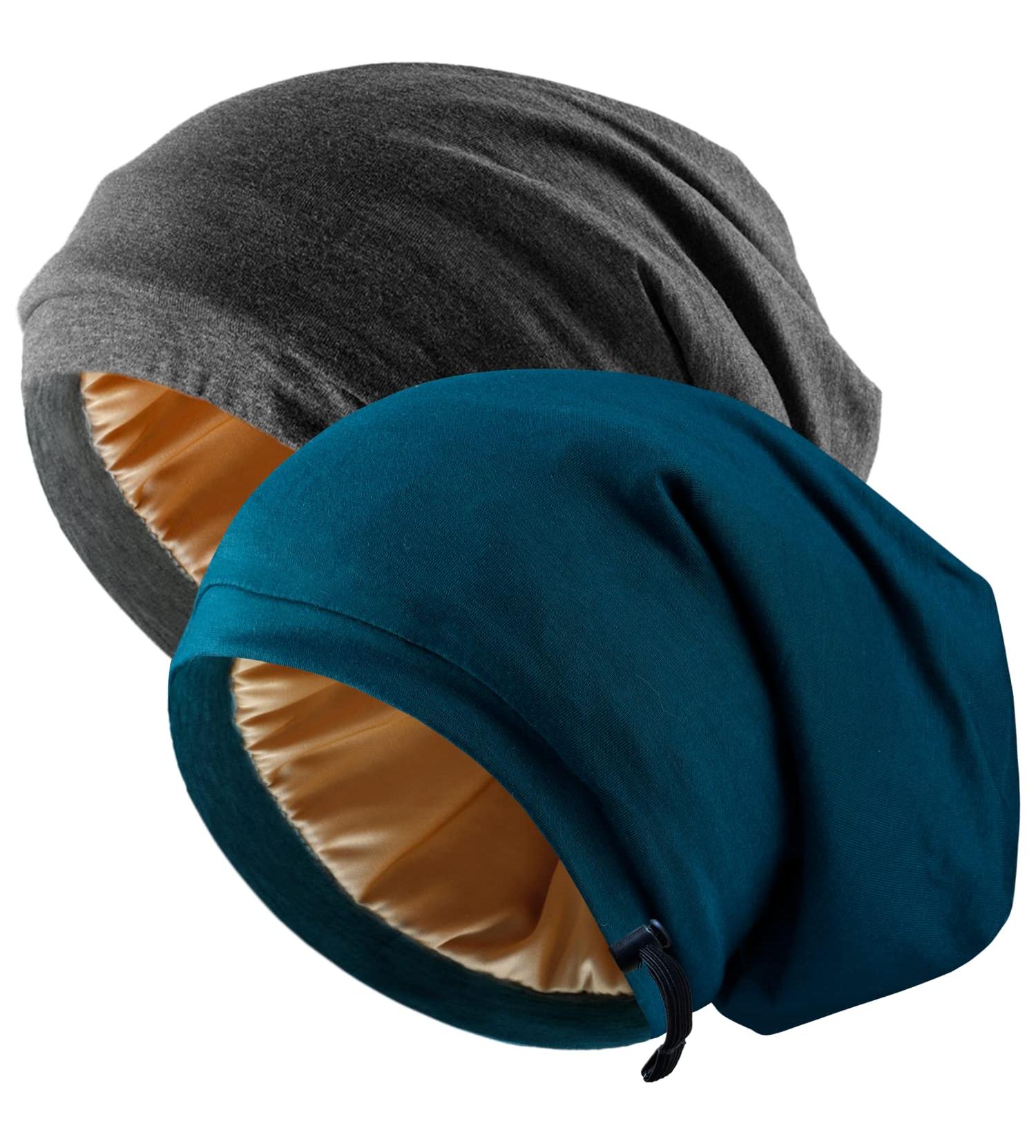 Silk Satin Bonnet Hair Wrap Set for Sleeping - Adjustable Silk Bonnets for Women Men - Large Black+Blue - Curly Hair Night Caps - Buy Online on GoSupps.com