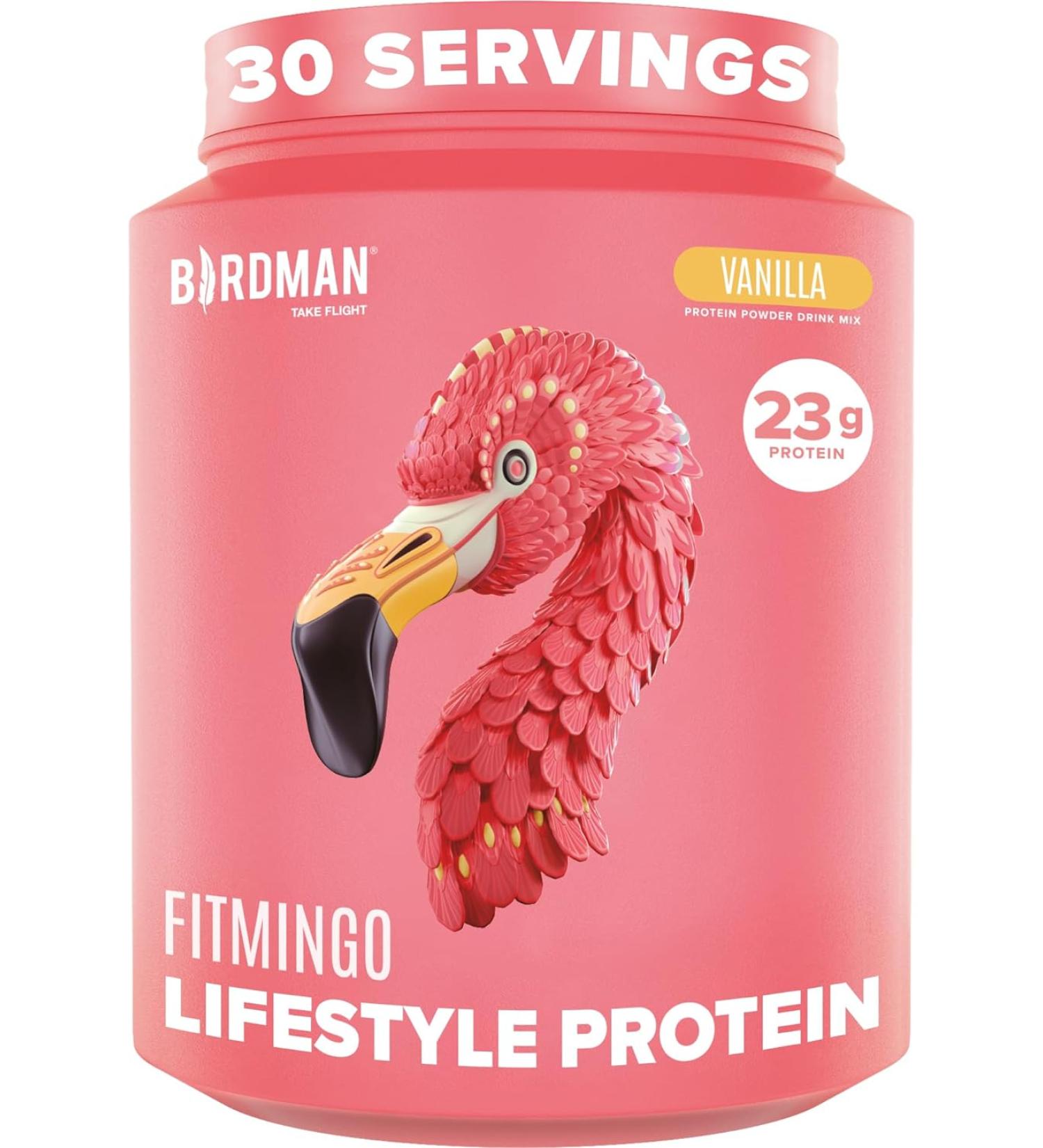BIRDMAN Fitmingo Vegan Protein Powder with Inositol, Collagen Boosters, Hyaluronic Acid and Vitamins | Low Carb, Dairy Free, Lactose Free, Low Calorie | 23g Plant Based Vanilla Protein Powder - Buy Online on GoSupps.com