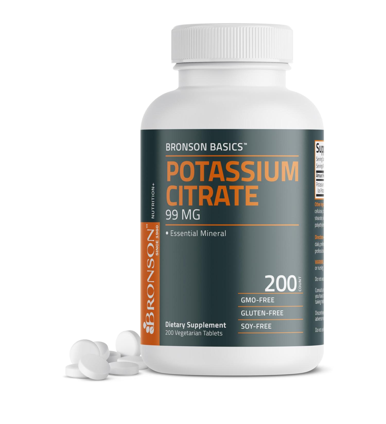 Bronson Potassium Citrate 99mg Essential Mineral Non-GMO, 200 Vegetarian Tablets - Buy Online on GoSupps.com