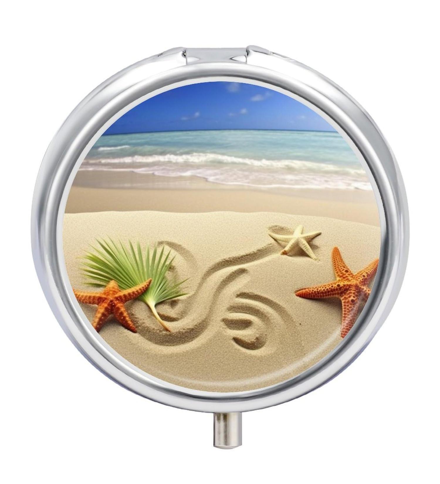 Travel Pill Box Organizer - 3 Compartment Starfish & Palm Trees - Portable Medicine Case for Handbag & Pocket - Buy Online on GoSupps.com