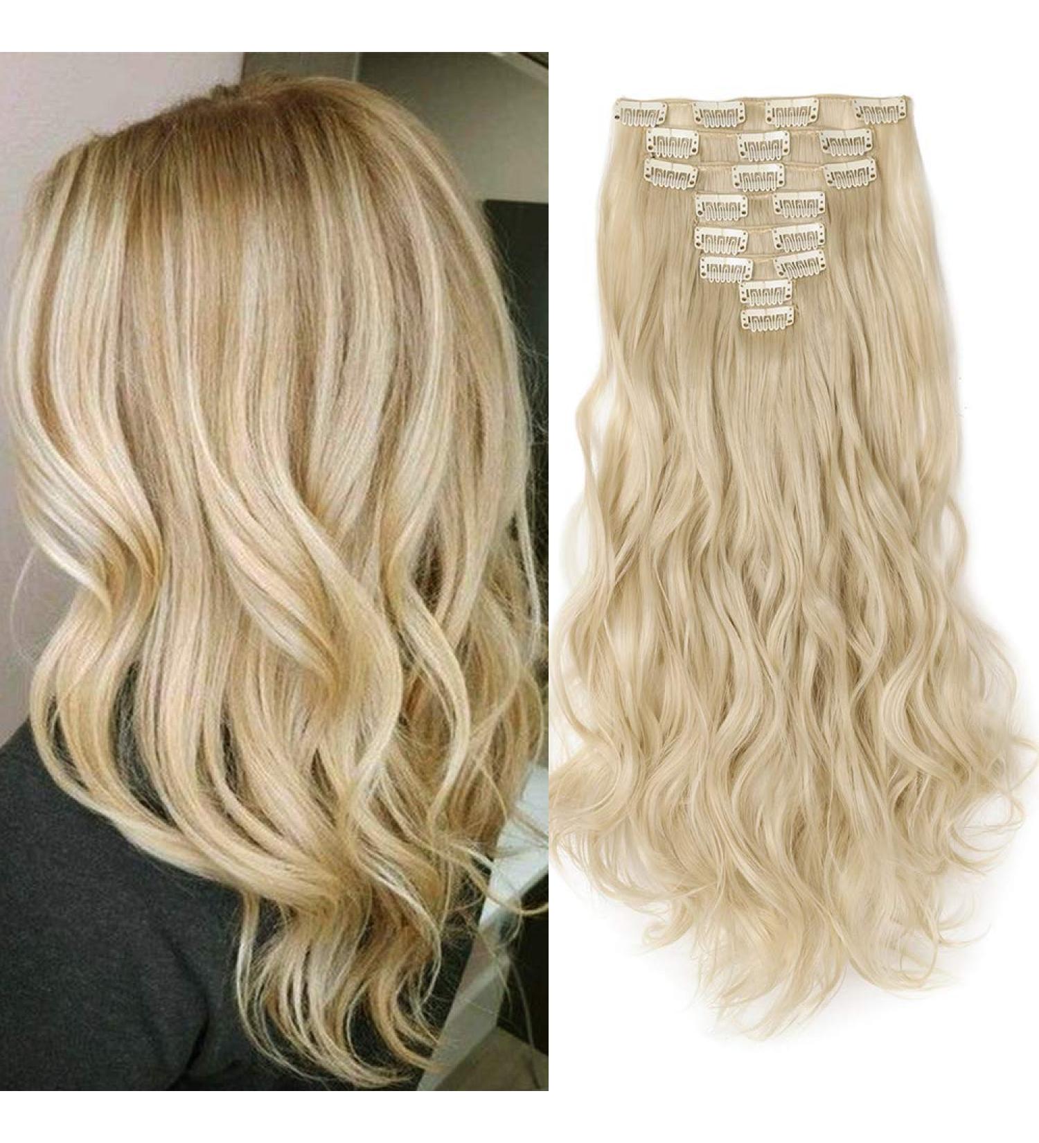 Silk-co 24 8PCS Clip in Hair Extensions Bleach Blond Synthetic Curly Wavy Hair for Full Head - Buy Online on GoSupps.com
