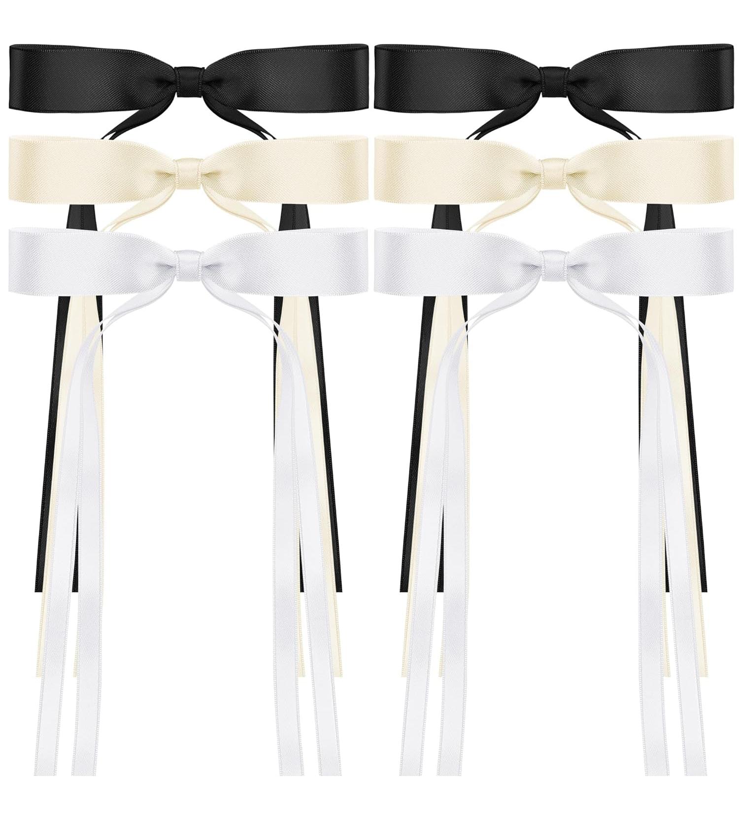 6Pcs Satin Ribbon Hair Bows for Women with Tassel Bowknot - Long Tail Hair Barrettes in White, Black, Beige - Buy Online on GoSupps.com