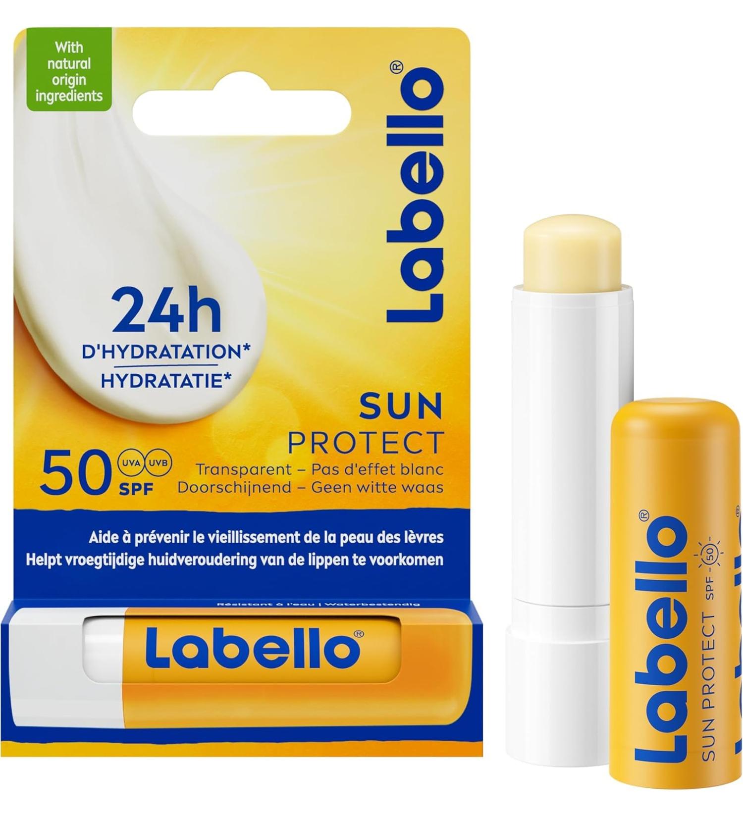 LABELLO Sun ProtectProtection Solaire FPS 50 (1 x 5 5 ml) stick l vres protection UVA/UVB & hydratation 24 h baume l vres au beurre de karit et huiles naturelles enrichies en vitamines C & E 4.8 g (Lot de 1) Sun Protect FPS 50 - Buy Online on GoSupps.com