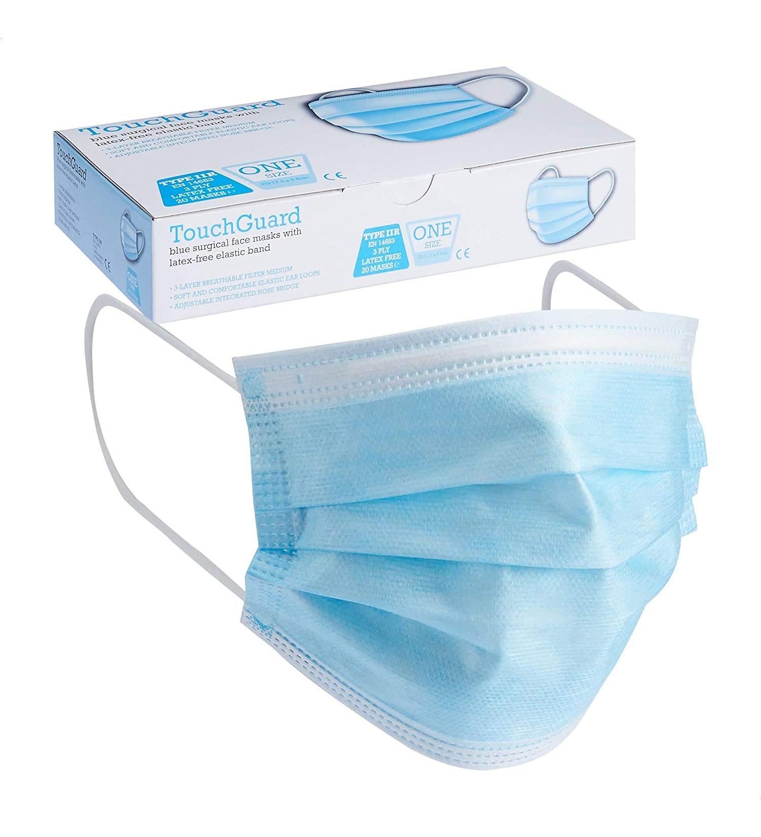 TouchGuard 3 Ply Type IIR Disposable Earloop Face Masks - Dust Protection, Breathable, Nose Clip - 20 Count - Buy Online on GoSupps.com