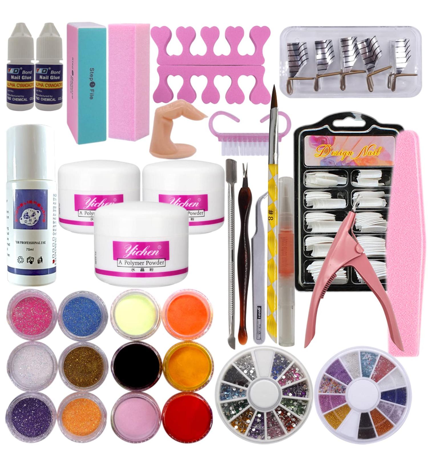 Warm Girl Acrylic Nail Kit Clear Pink White Acrylic Powder Liquid Brush Nail Kit Glitter Clipper File Glue Nail Art Tips Set Kit - Buy Online on GoSupps.com
