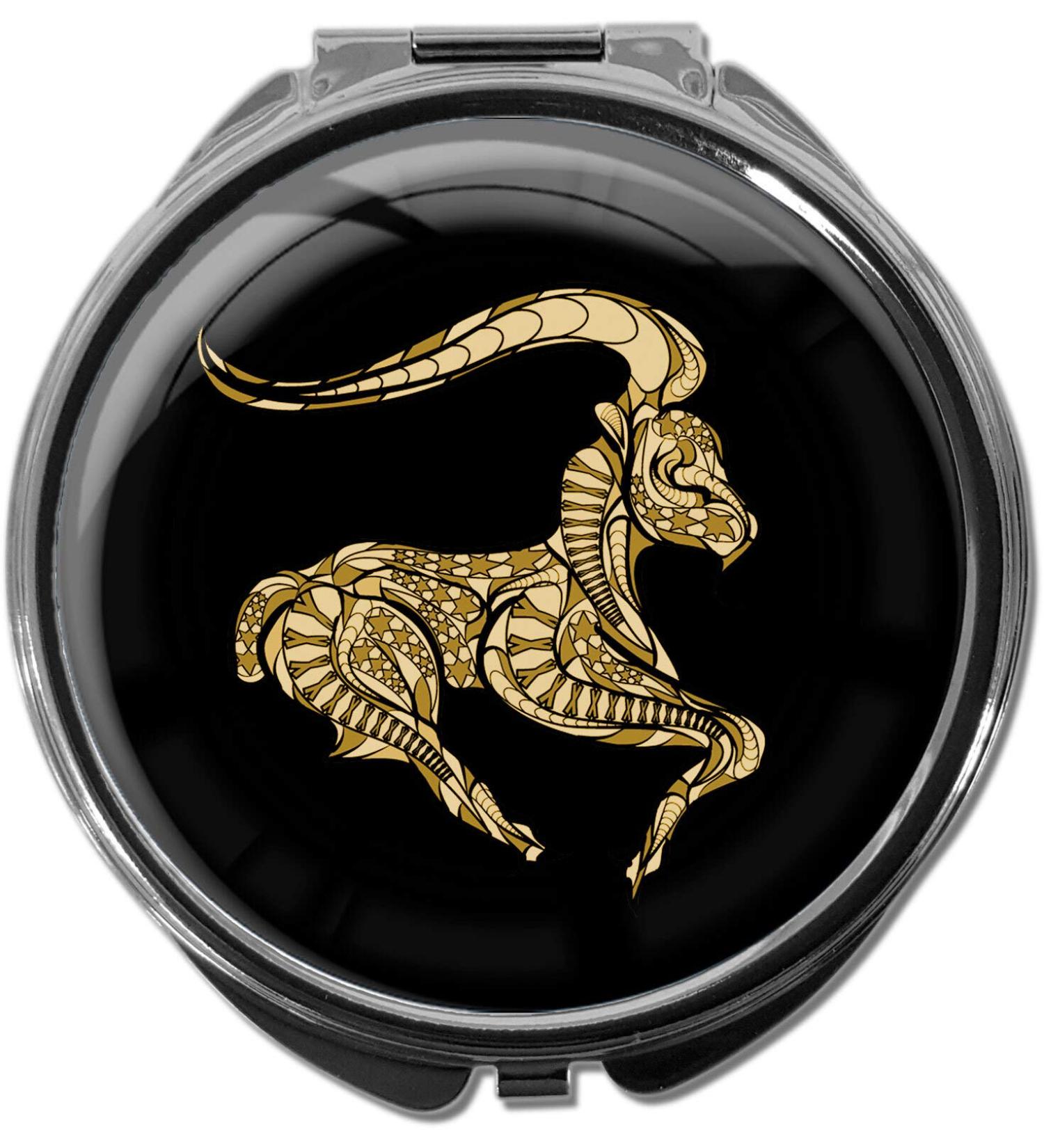 Round Metal Pill Box with Mirror - 3 Compartments - Capricorn Zodiac Sign in Gold #1207 | International Shipping Available - Buy Online on GoSupps.com