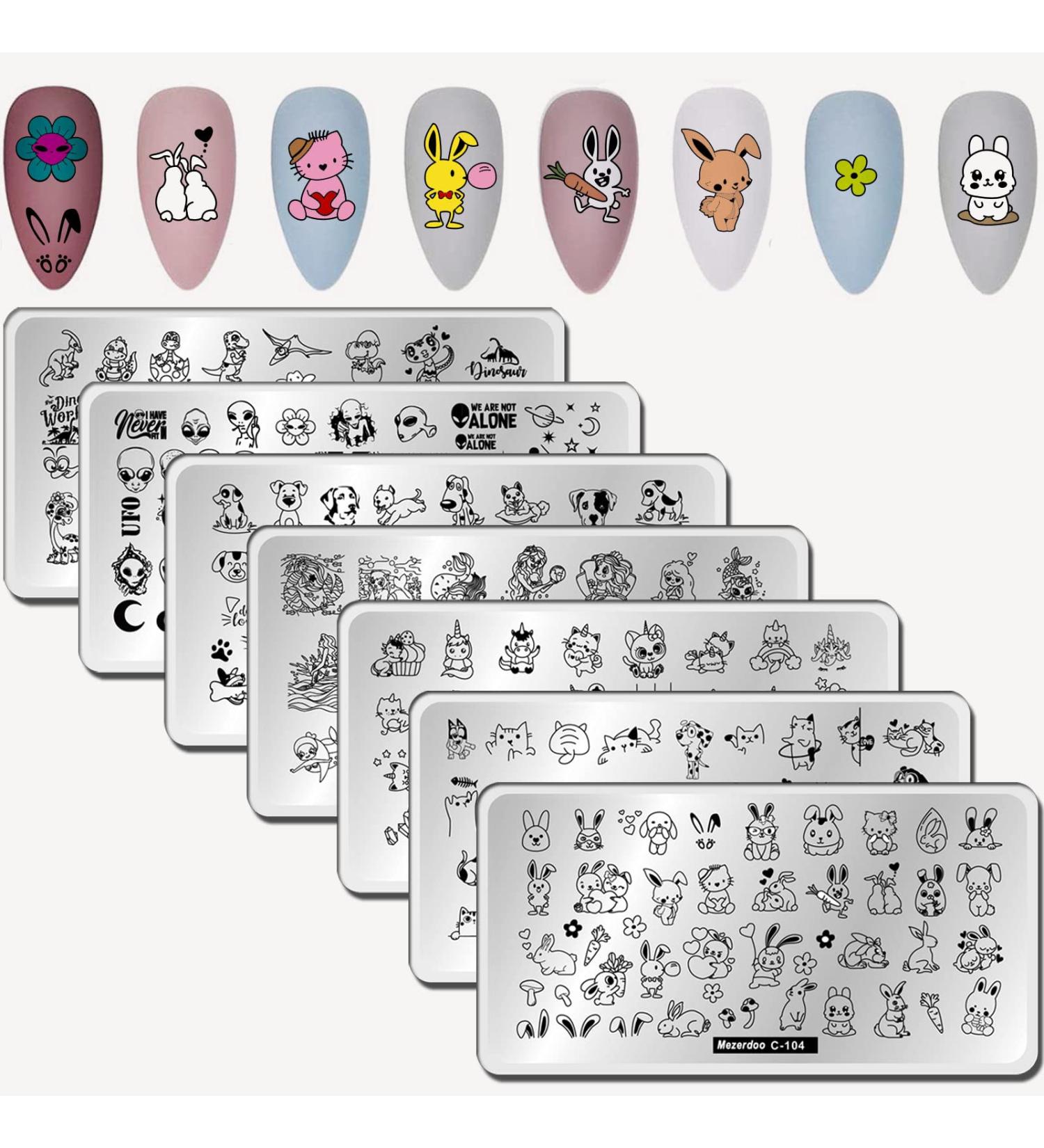 Cute Animal Print Nail Stamping Plates Set - Cat Unicorn Mermaid Dinosaur Dogs Rabbit Design - 7pcs Manicure Kit - Buy Online on GoSupps.com