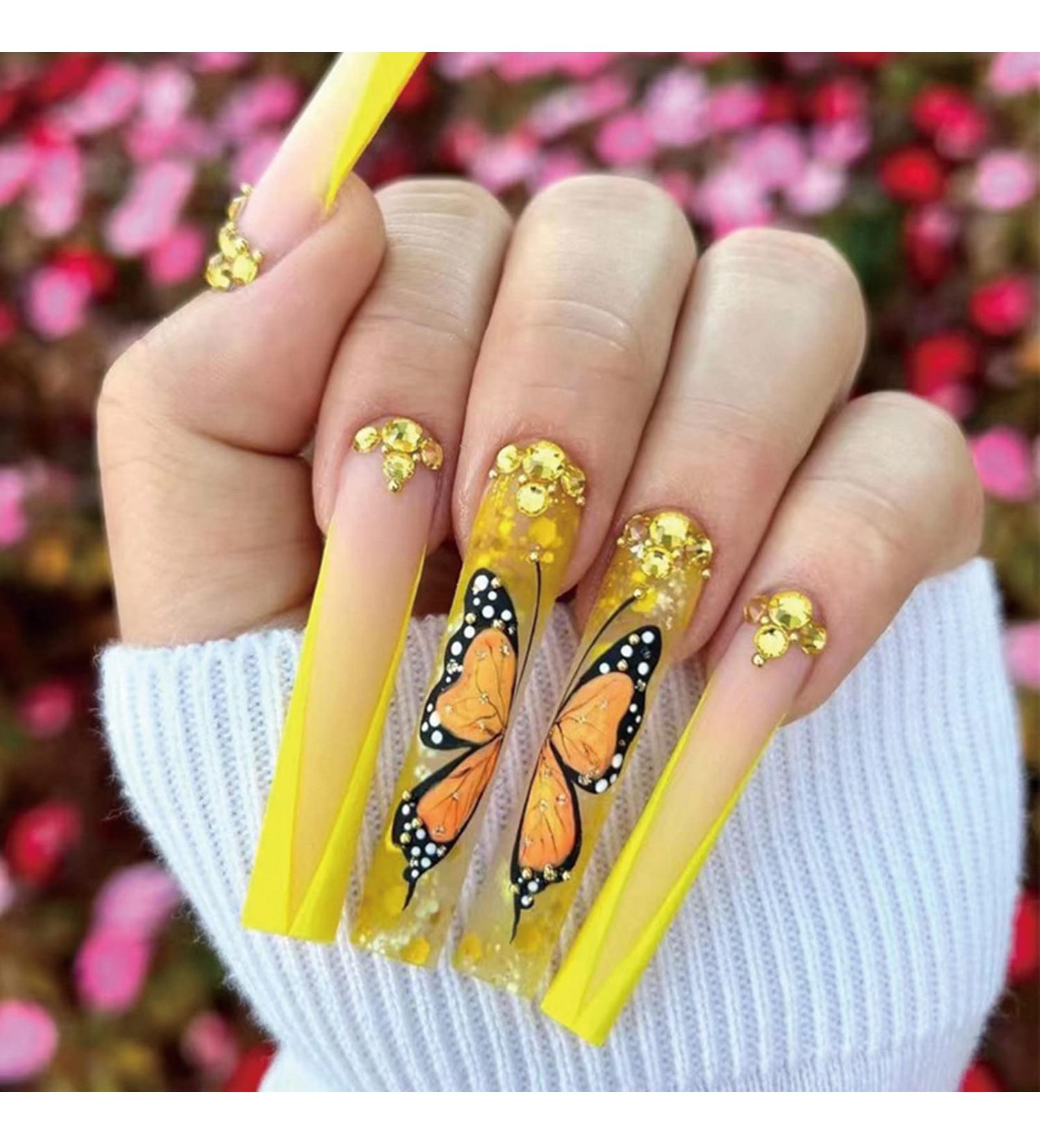 Justotry 24 Pcs Diamante Butterfly Yellow French Press on Nails | Medium Ballerina Stick on False Nails with Glue - Acrylic Coffin Nails for Women - Buy Online on GoSupps.com