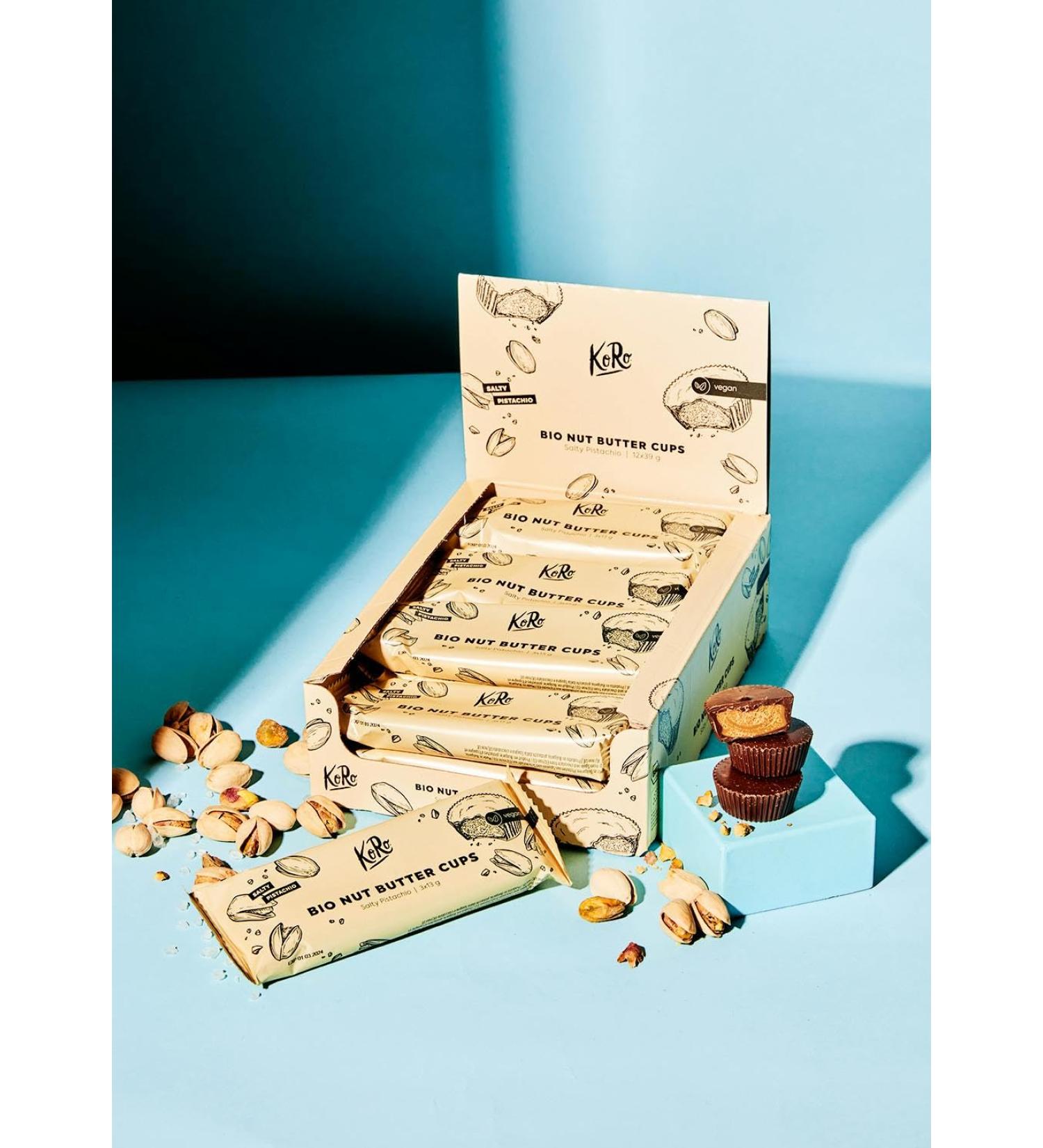 KoRo Organic Nut Butter Cups - Salty Pistachio & Crunchy Dark Chocolate - Vegan Treats International Shipping - Buy Online on GoSupps.com