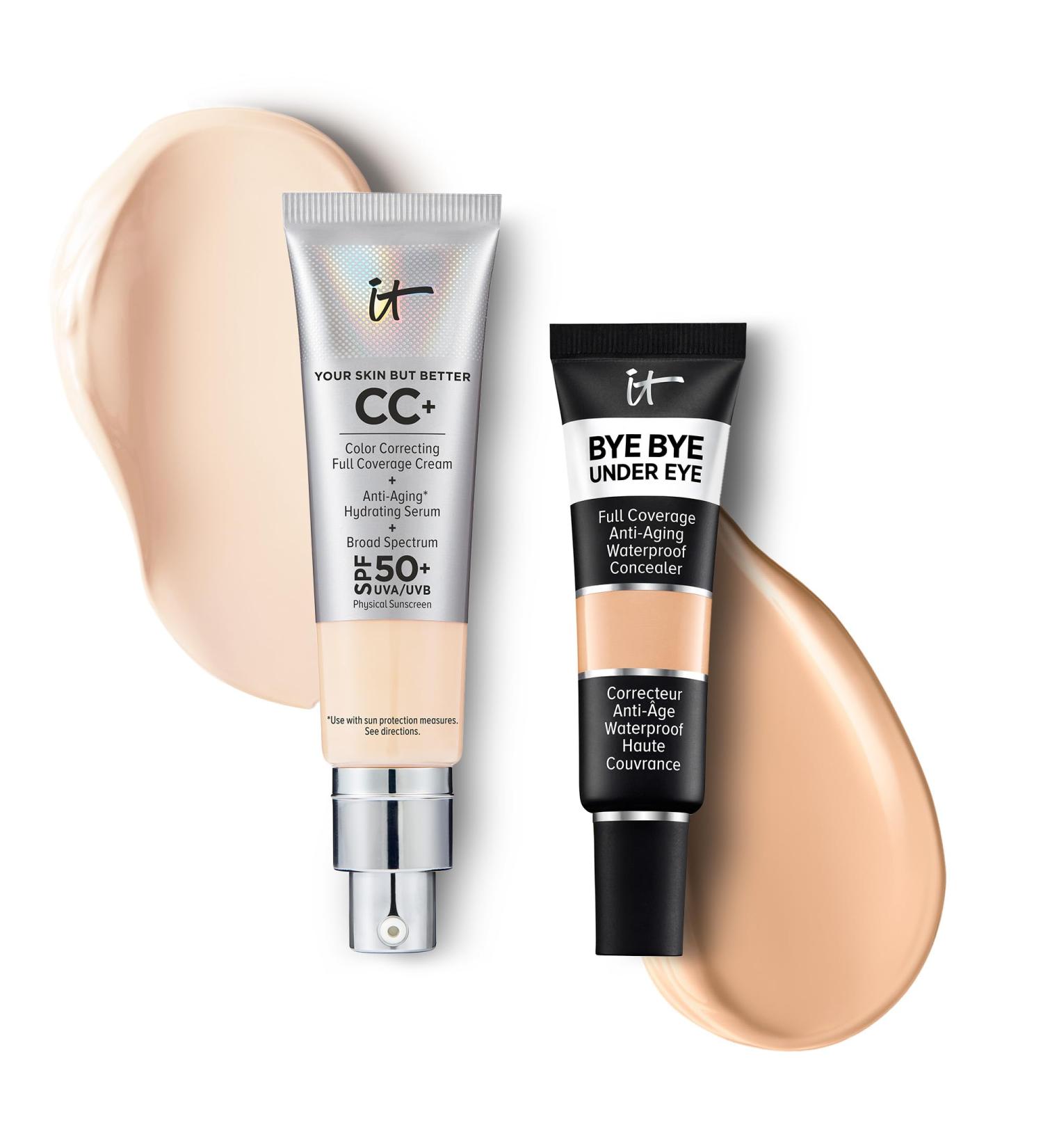 IT Cosmetics CC+ Cream with SPF 50+ Natural Finish Full Coverage Foundation (Fair Light - 1.08 fl oz) & Bye Bye Undereye Concealer Anti-Aging Makeup (14.5 Light Buff - 0.4 fl oz) - Buy Online on GoSupps.com