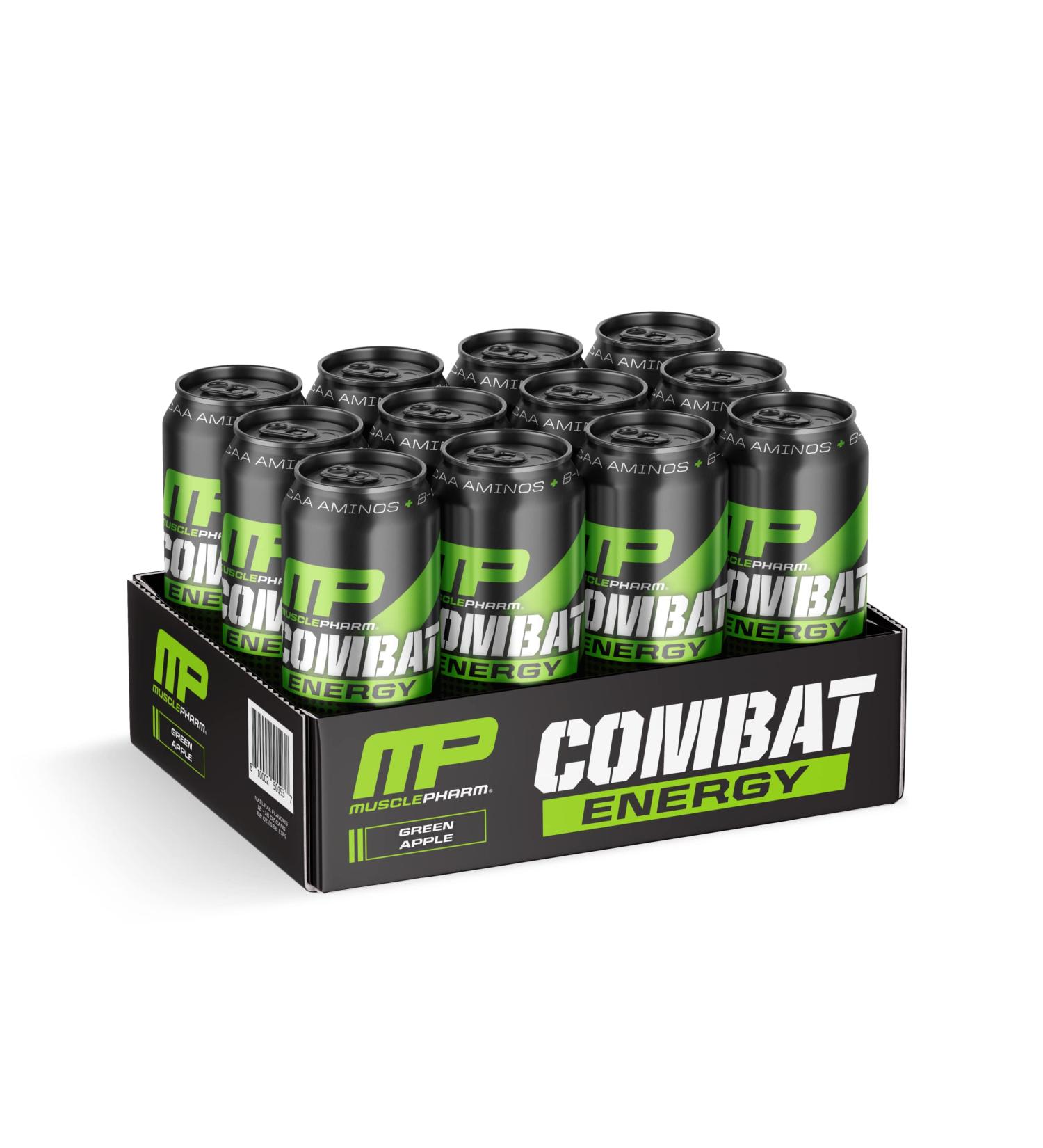 MusclePharm Combat Energy Drink 16oz (Pack of 12) - Green Apple Flavor - Sugar-Free & Calorie-Free - Carbonated with No Artificial Colors or Dyes - Buy Online on GoSupps.com