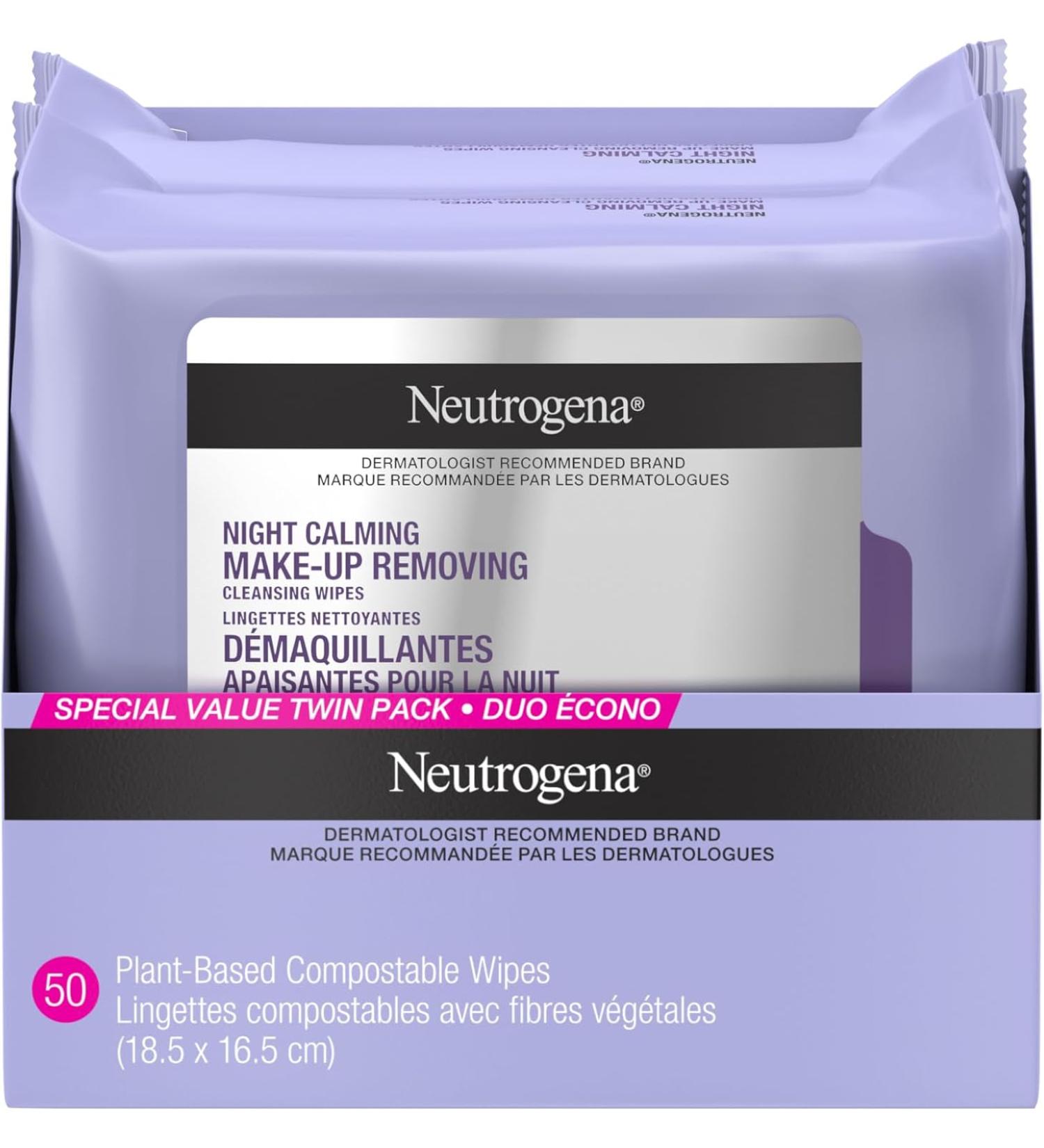 Neutrogena Makeup Removing Cleansing Wipes Night Calming - 19 x 18.5 cm - Pack of 2 - 25 Count - Buy Online on GoSupps.com