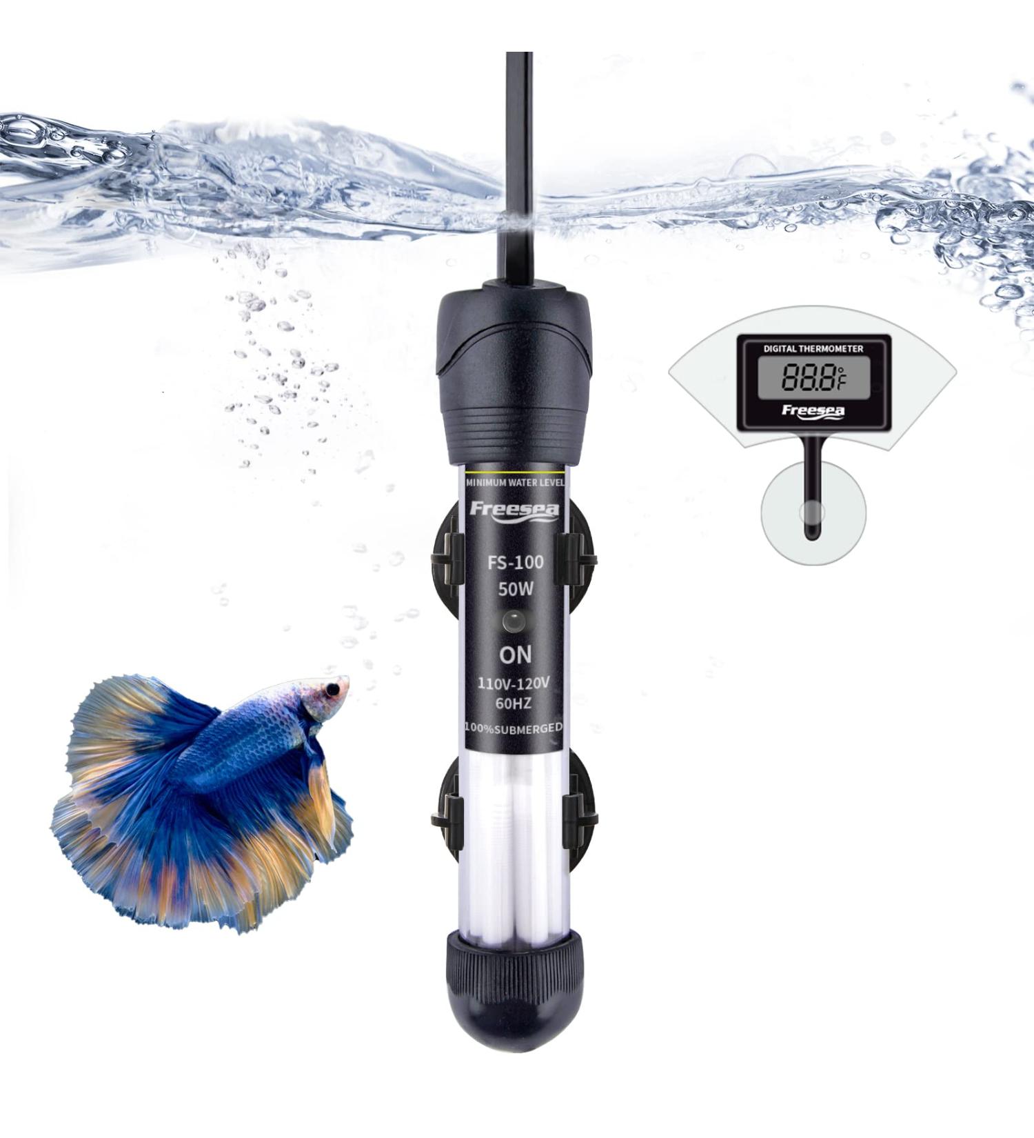 FREESEA Aquarium Fish Tank Heater - 50W Adjustable Thermostat with 2 Suction Cups and Thermometer for Betta, Saltwater, Aquarium, Coral Tank - Buy Online on GoSupps.com