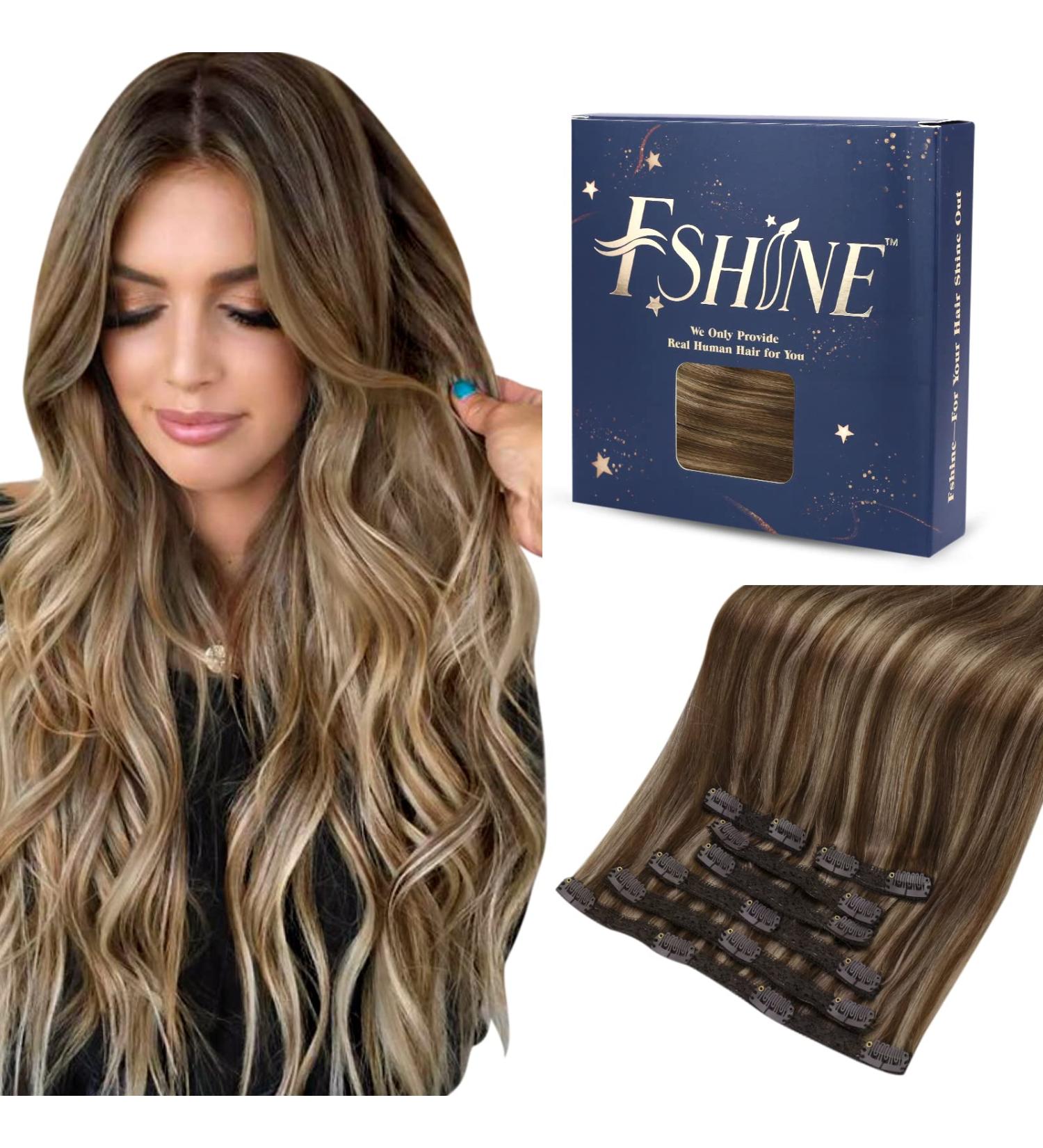 FSHINE Real Hair Clip-In Extensions 120g | Medium Brown & Caramel Blonde Highlights - 7PCs 40cm Remy Hair - Buy Online on GoSupps.com