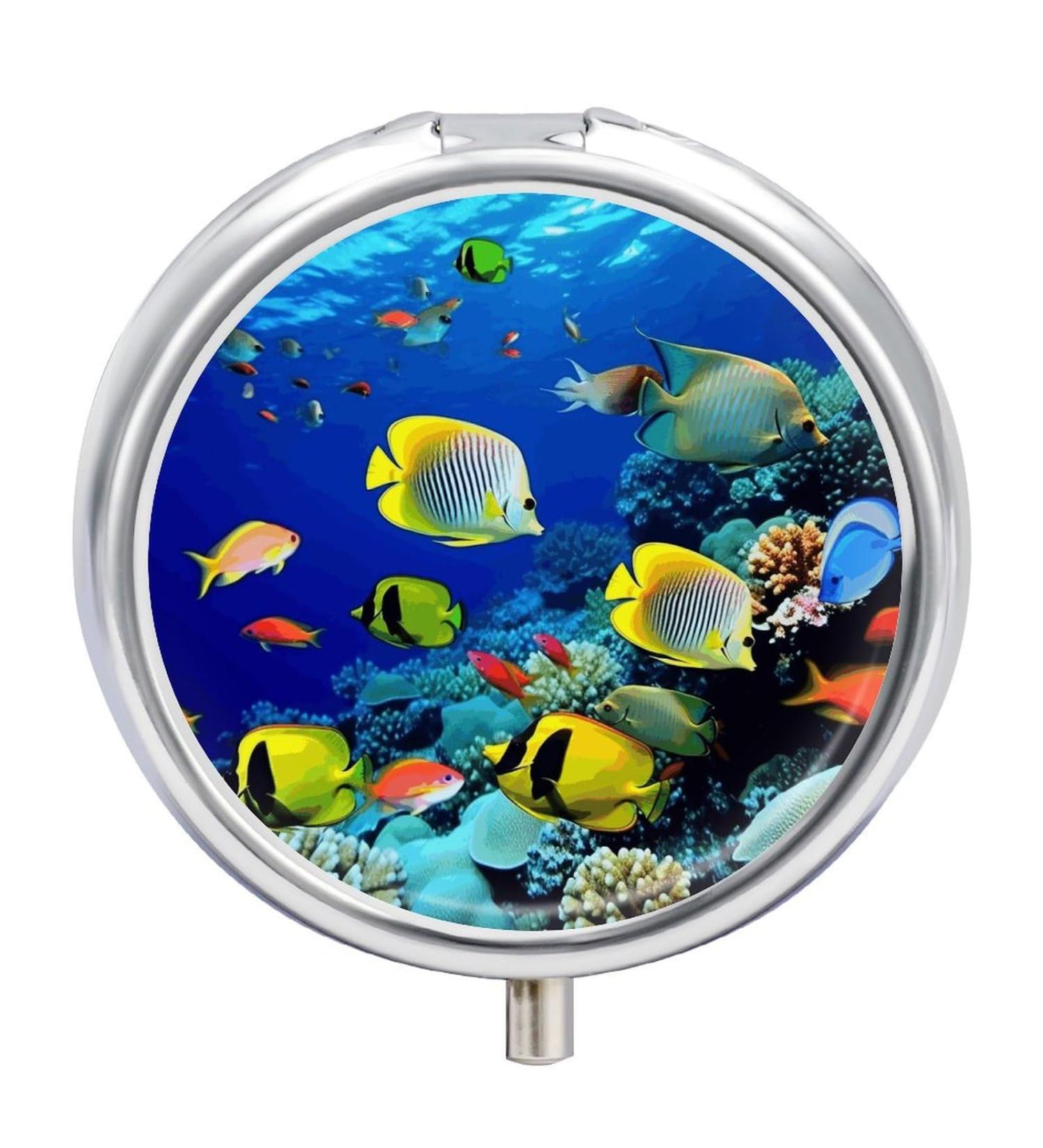 Round Tropical Ocean Fish Print Pill Box - 3 Compartment Decorative Metal Organizer - Portable Pocket Case for Medicine - Buy Online on GoSupps.com