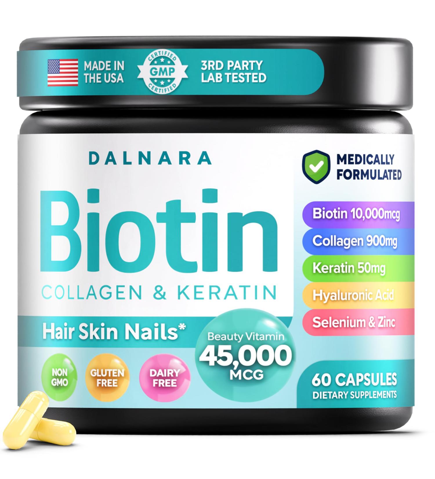 Dalnara Biotin Collagen & Keratin Hair Skin & Nails Vitamins 45 000 MCG Vitamin Complex(A B1 B2 B3 B6 B7 C & E) Biotin for Hair Growth for Women & Men Hair Vitamins-60 Capsules Made in USA - Buy Online on GoSupps.com