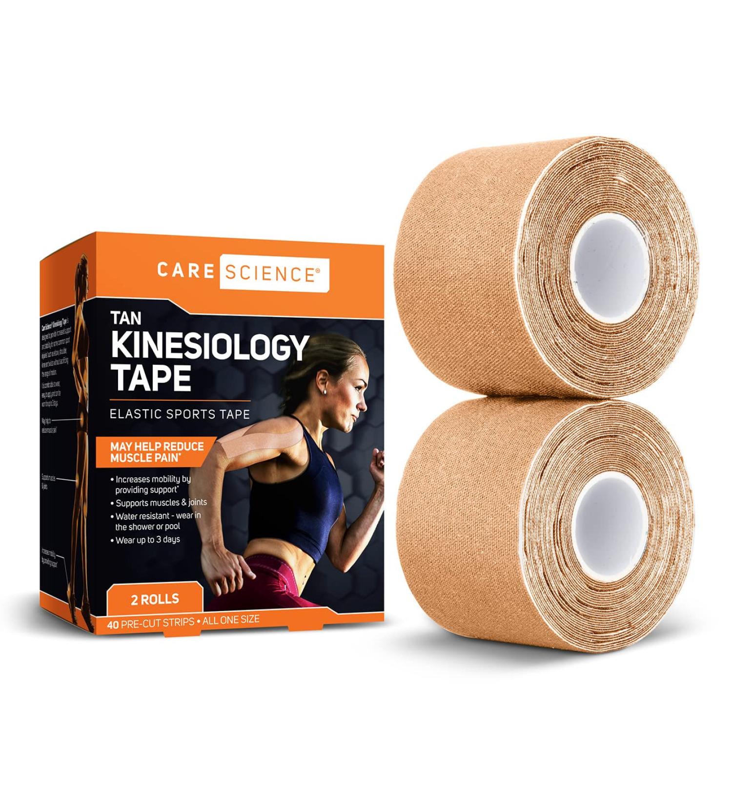 Care Science Waterproof Kinesiology Tape  Precut Water Resistant Strips  Elastic Athletic Tape for Sports & Weightlifting  Supports Muscles & Joints  Muscle Strain Relief  Tan  2 Rolls  40 Count - Buy Online on GoSupps.com
