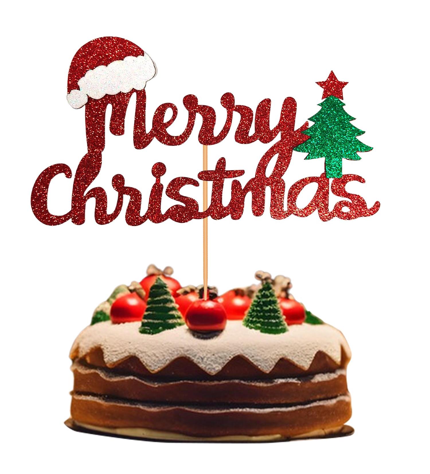 Merry Christmas Cupcake Toppers Red Glitter with Merry Christmas Letter Xmas Tree Cake Topper Decoration for Christmas Theme Party - Buy Online on GoSupps.com
