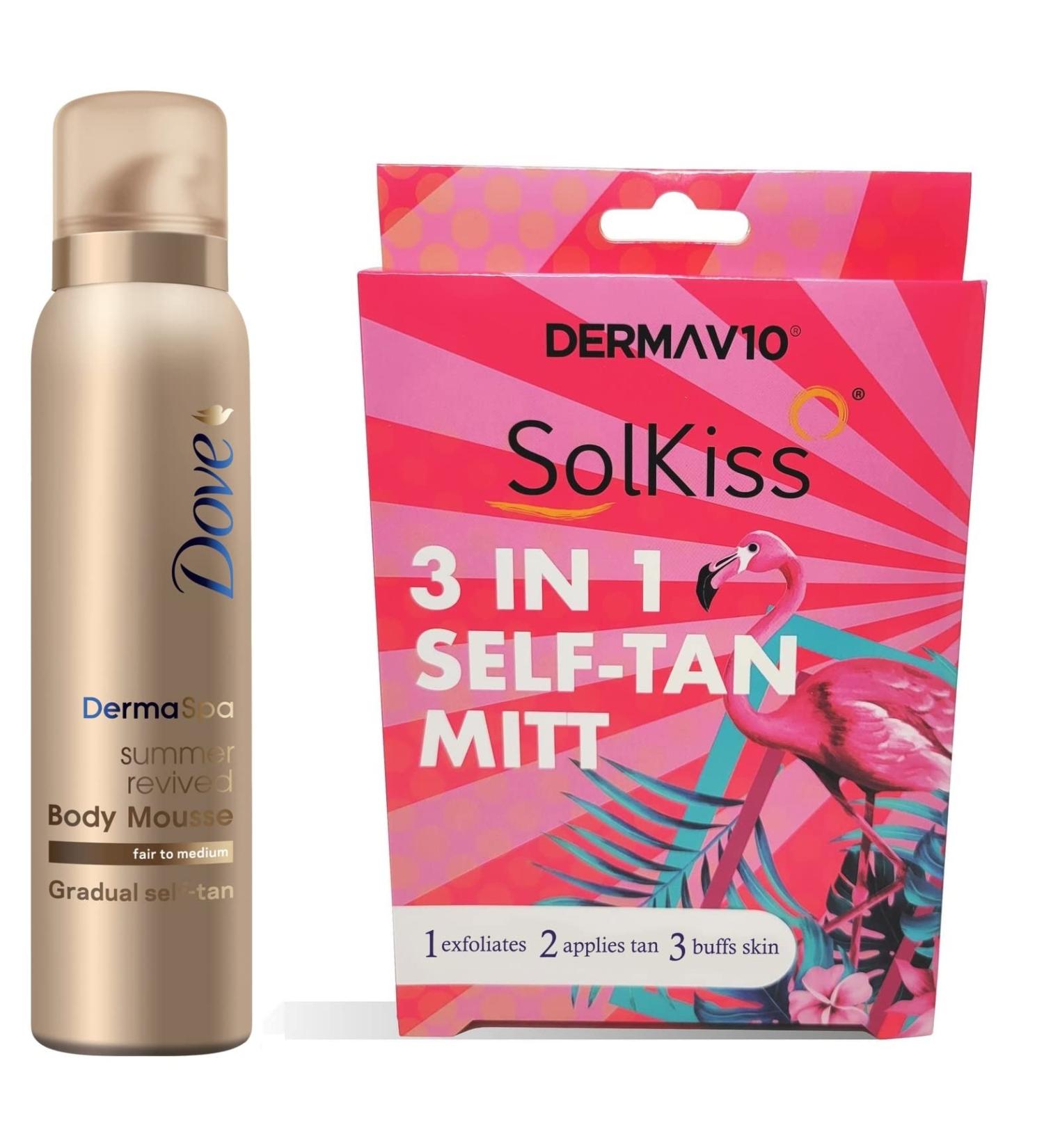 Dove DermaSpa Fair to Medium Gradual Self-Tan Body Mousse 150ml Summer Revived for a Natural Looking Sun-kissed Glow with Solkiss 3-in-1 Self Tan Applicator Mitt - Buy Online on GoSupps.com