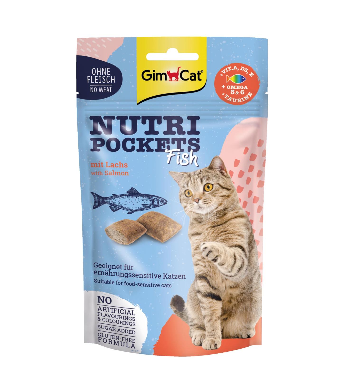 GimCat Nutri Pockets Fish Salmon - Crispy Cat Snack with Functional Ingredients - 60g Bag | Buy Internationally - Buy Online on GoSupps.com