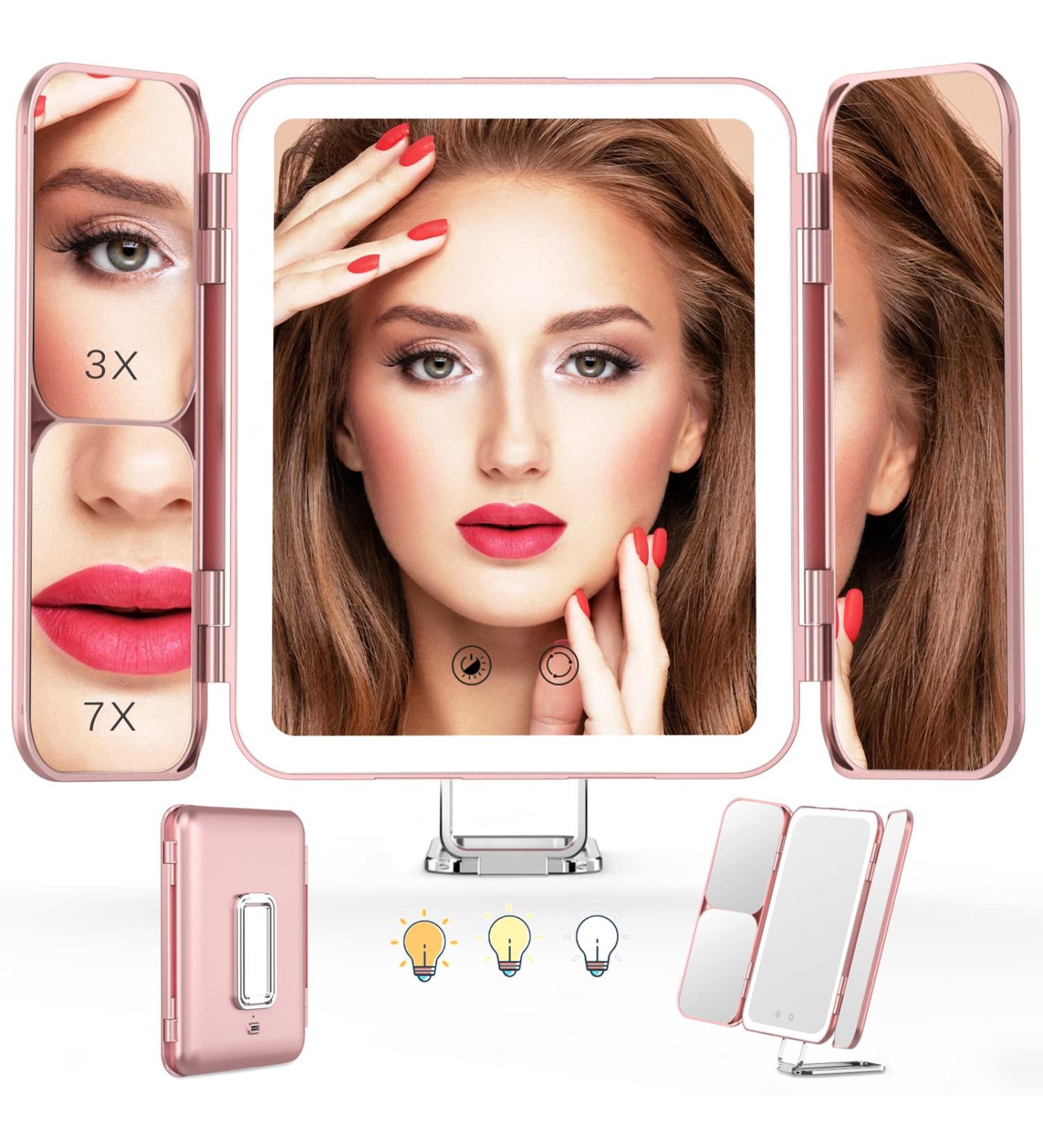 TOKSO Lighted Makeup Mirror - Rechargeable, 72 LED Lights, 1X 3X 10X Magnification, Touch Control, Trifold, Portable LED, Rosegold - Perfect Travel Vanity Mirror Gift - Buy Online on GoSupps.com