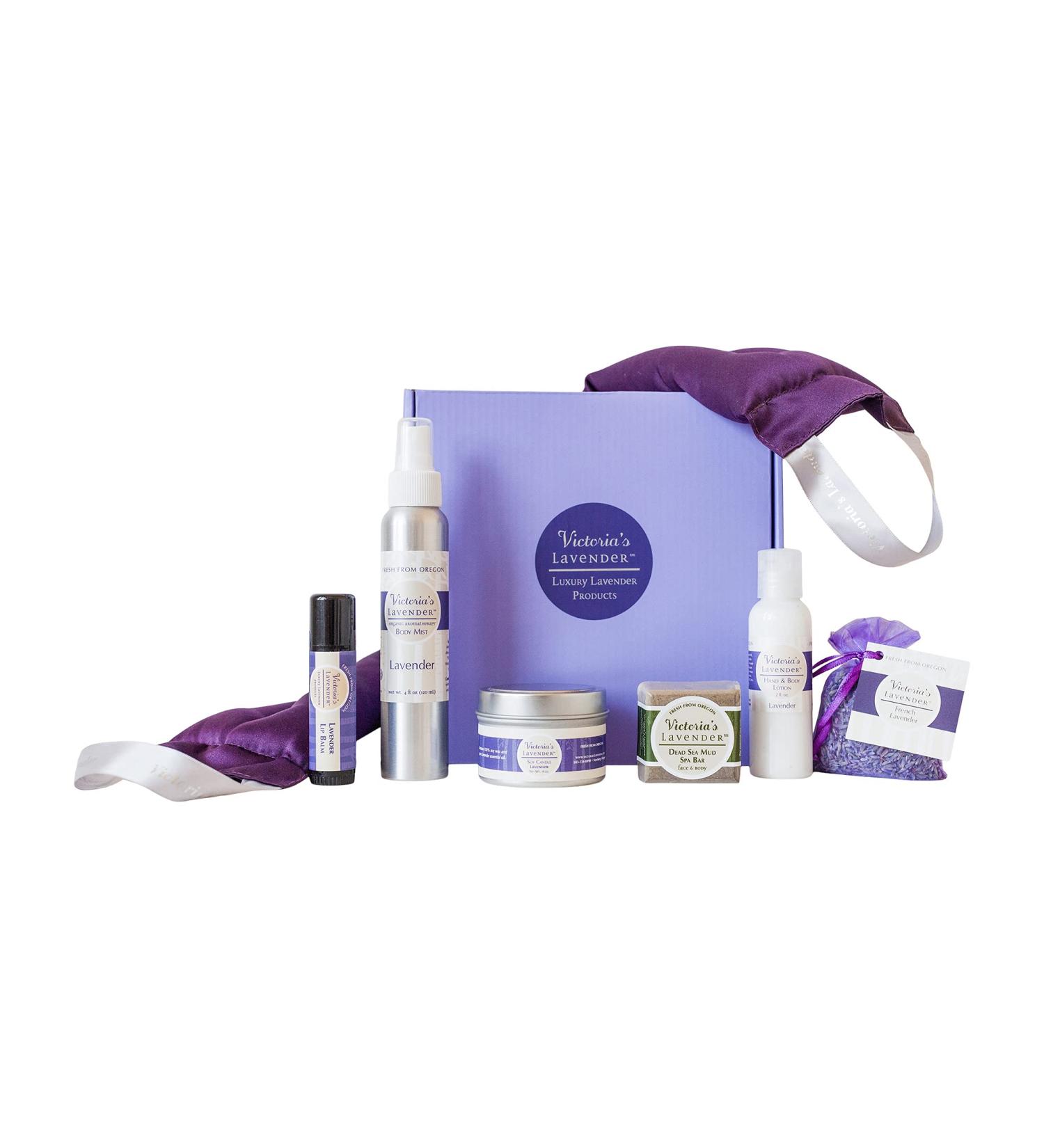 Victoria's Lavender Luxury Gift Basket for Women with Neck Wrap, Body Mist, Hand & Body Lotion, Lip Balm, Soy Candle, Mud Spa Bar, Lavender Sachet - Skin Care & Beauty Set - Buy Online on GoSupps.com