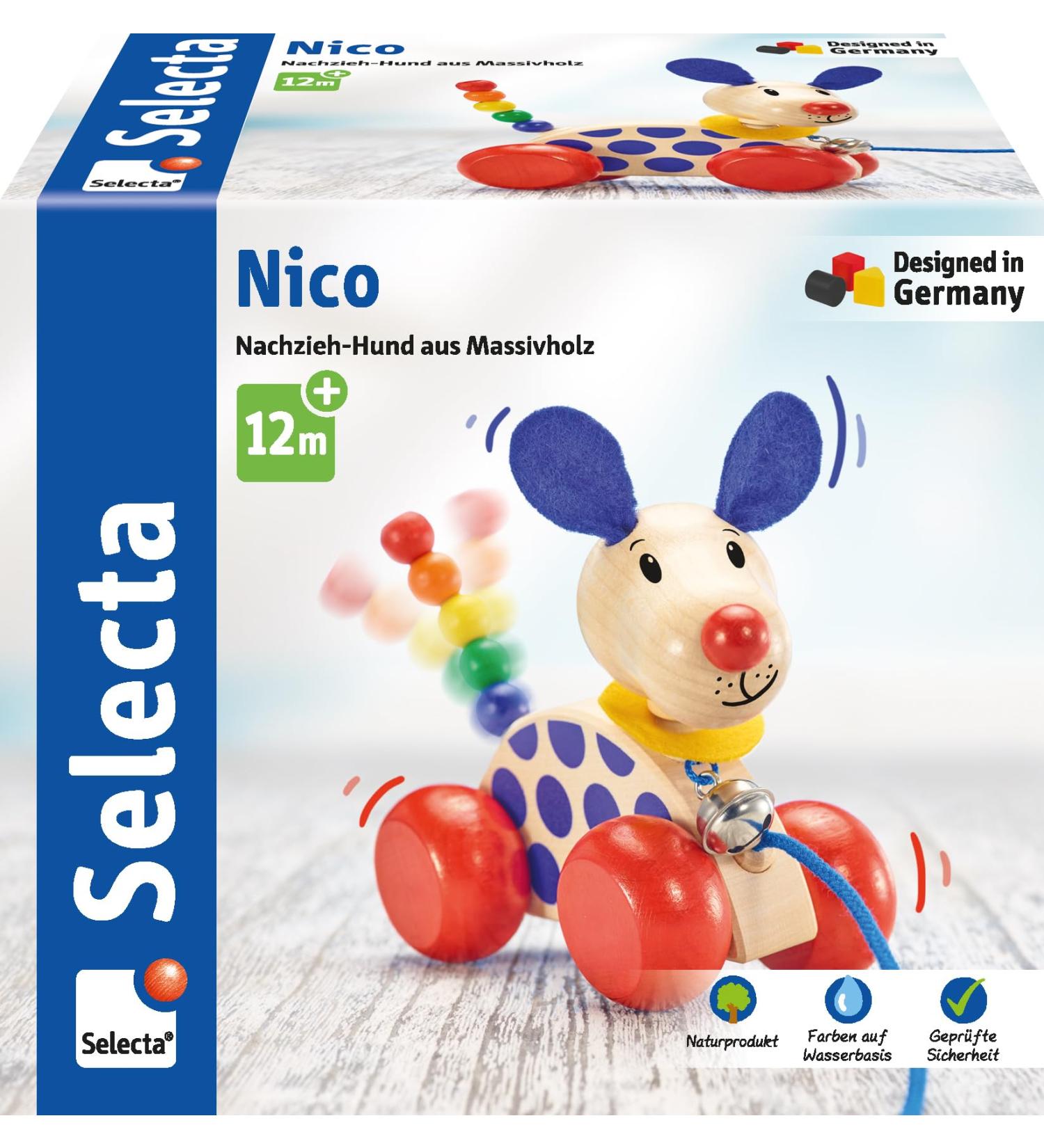 Selecta 62026 Nico Pull-Along Dog Toy | Wooden Push & Pull Toy for Ages 1-3 | 12 cm | International Shipping - Buy Online on GoSupps.com