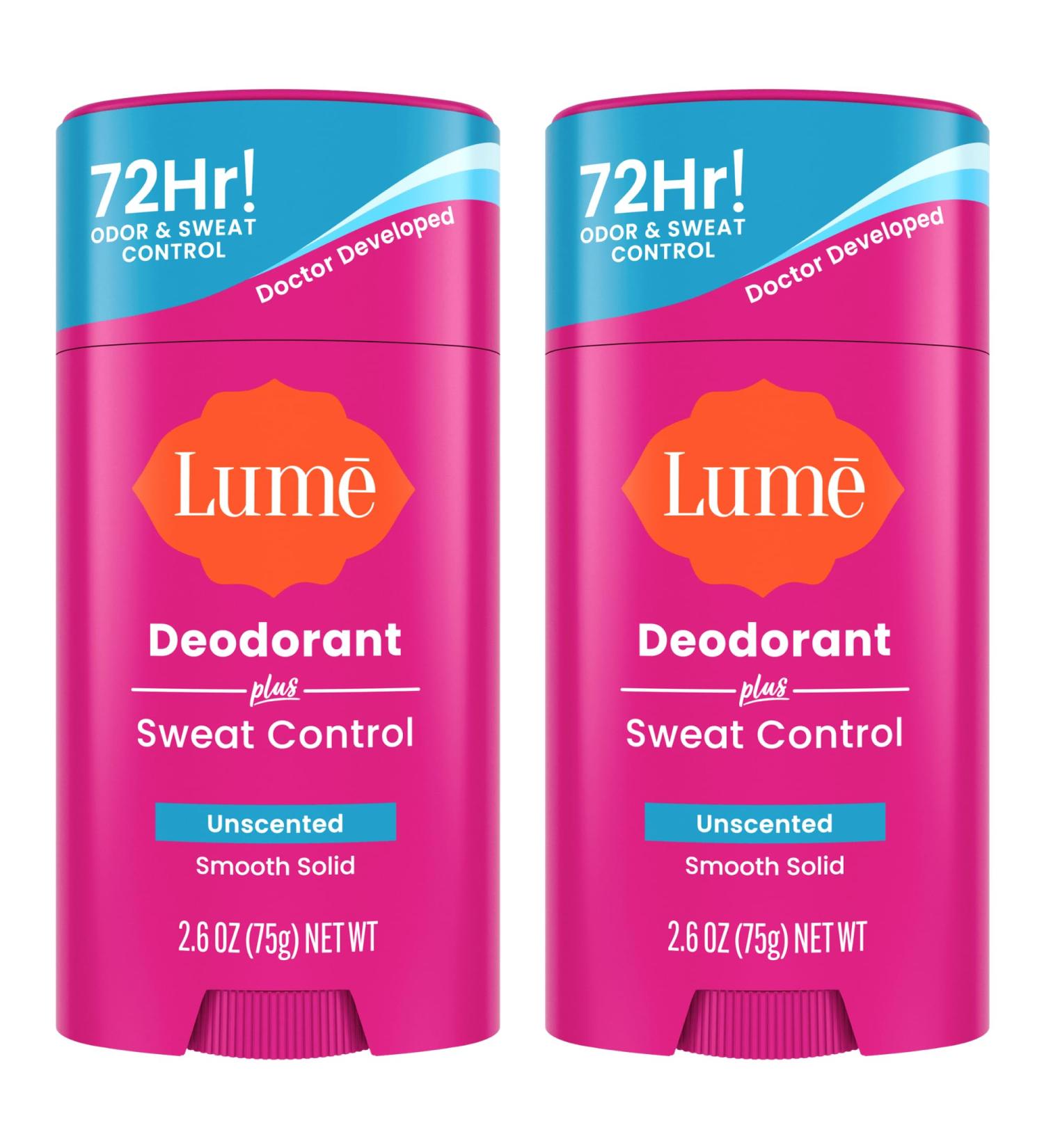 Lume Deodorant Plus Sweat Control - Smooth Solid Stick - Maximum Strength Antiperspirant - 72 Hour Odor And Sweat Control - Baking Soda Free Skin Loving - 3.0 ounce (Unscented) - Buy Online on GoSupps.com