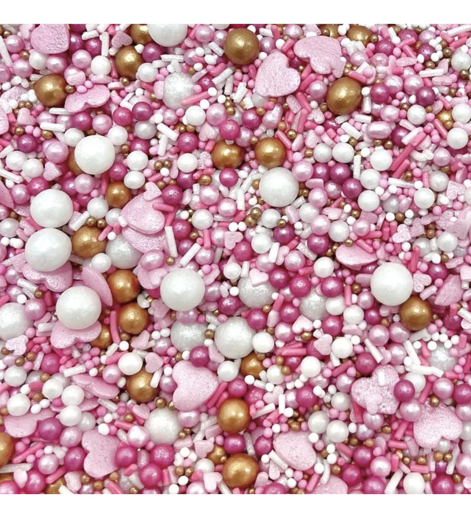 Pink rose gold white hearts metallic sprinkles for cupcake cake toppers pearls balls metallic 100s and 1000s baby shower Anniversary love wedding decoration cake cupcake topper SECRET ADMIRER
