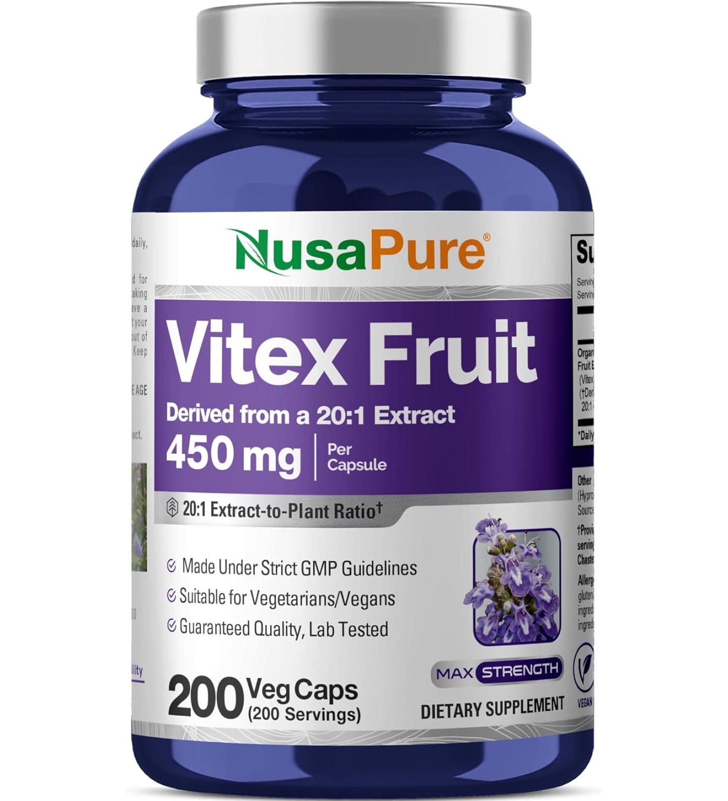 NusaPure Vitex Chasteberry Fruit Extract 9000mg - 200 Veggie Caps, Non-GMO & Gluten Free - Buy Online on GoSupps.com