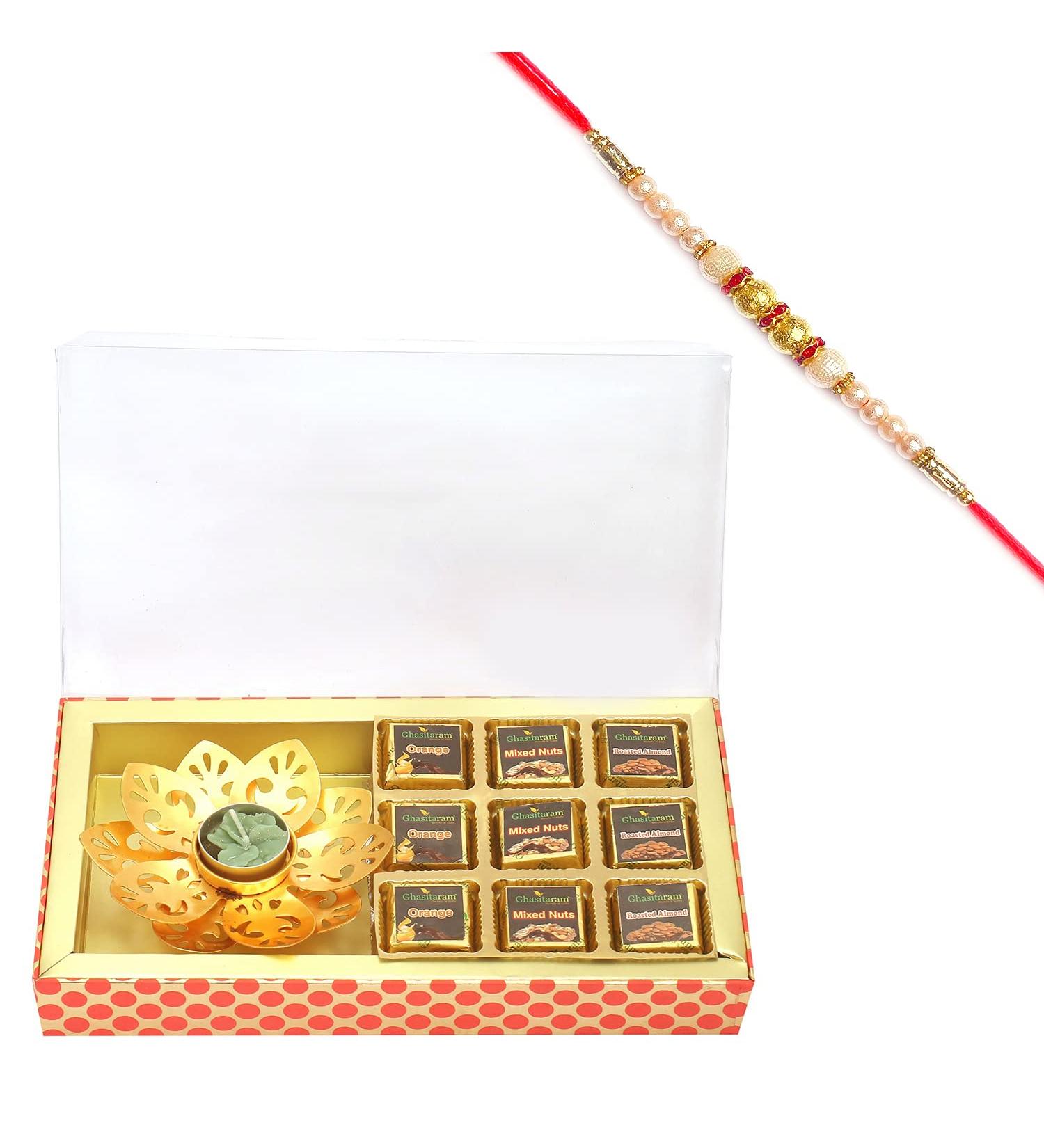 Ghasitaram Gifts Rakhi Gifts for Brothers Rakhi Chocolate 9 pcs Assorted Chocolates and Golden T-Lite Imperial Box with Pearl Rakhi - Buy Online on GoSupps.com