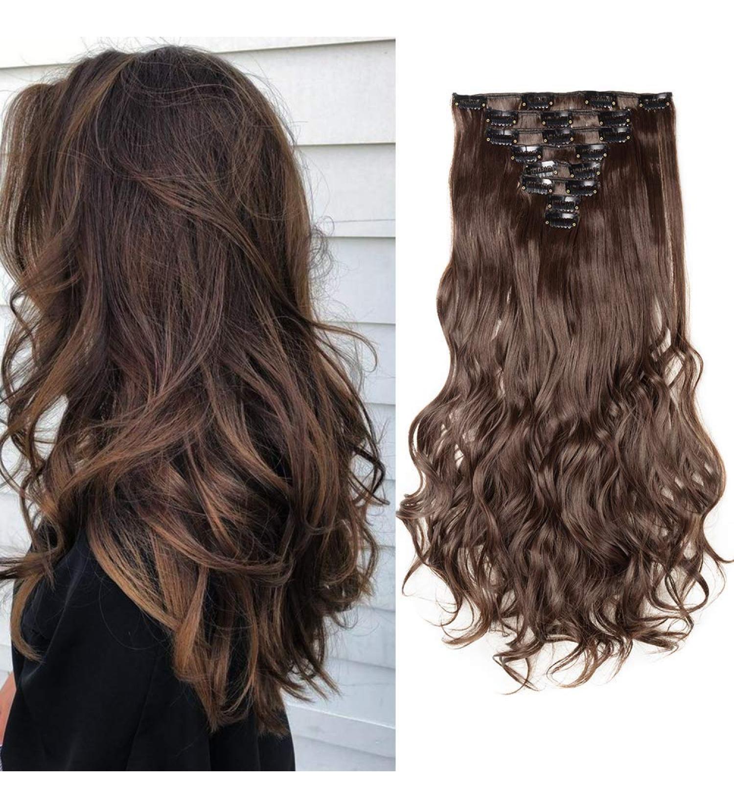 Silk-co 17 inch Light Brown Clip in Hair Extensions - 100% Synthetic Long Curly Wavy Hairpieces (8pcs) - Full Head 17 Inch Curly #Light Brown - Buy Online on GoSupps.com