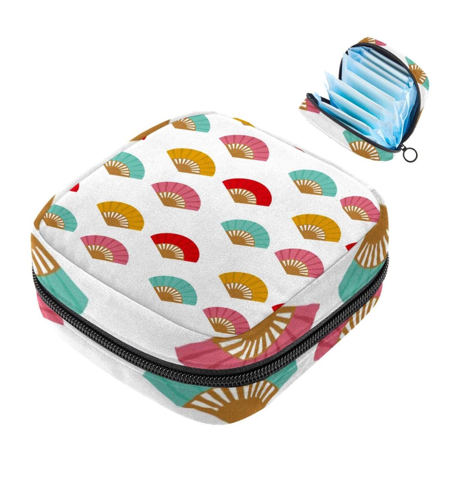 Menstruation Pad Bag with Zipper | Womens Napkin & Tampon Bag - Stylish Spanish Fan Pattern in Blue Red Pink & Yellow - Buy Online on GoSupps.com